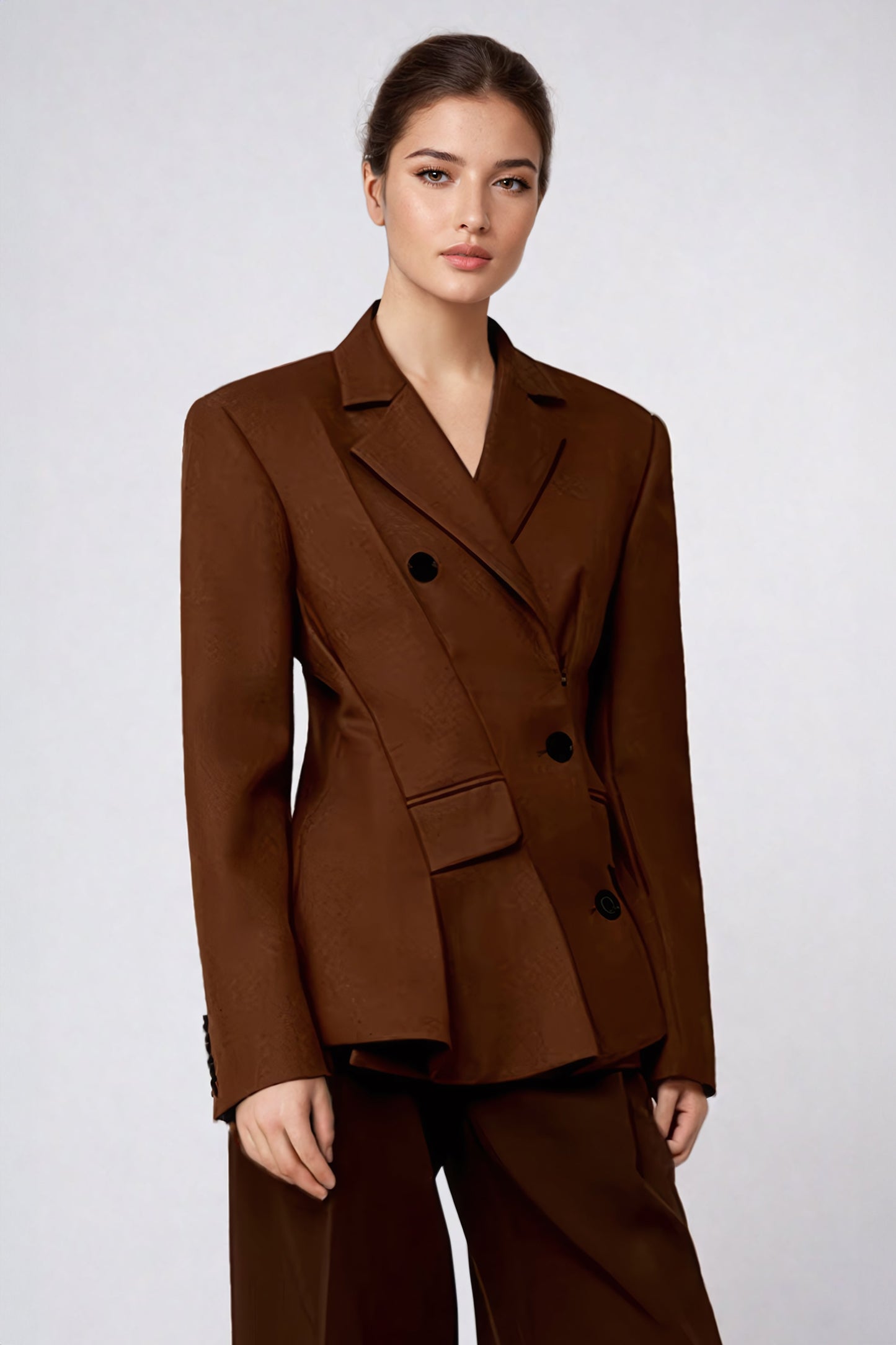 Asymmetrical Double-Breasted Blazer with Structured Fit - Brown