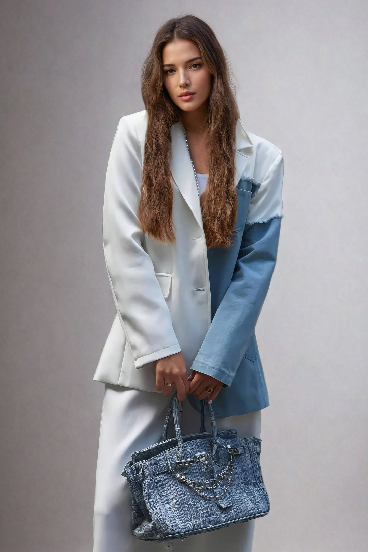 Blazer with Denim Accent Panel - White