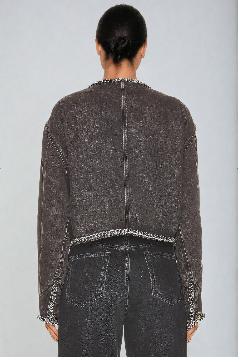 Chain-Trim Denim Jacket with Button Front and Pockets - Black