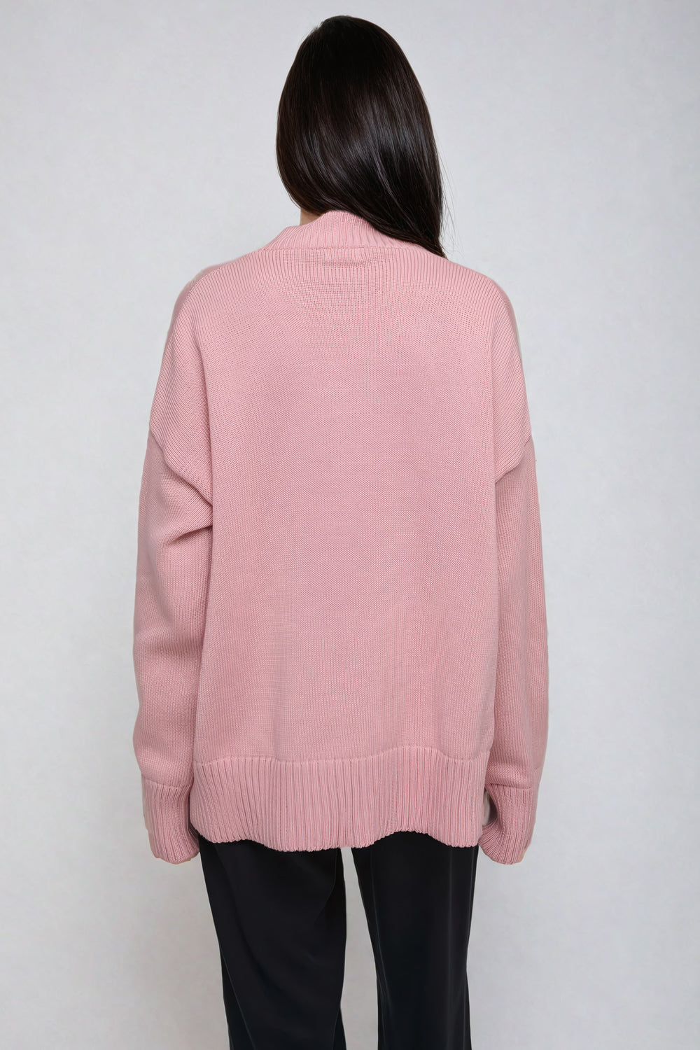 Oversized Ribbed Button-Down Cardigan with Deep V-Neck - Pink