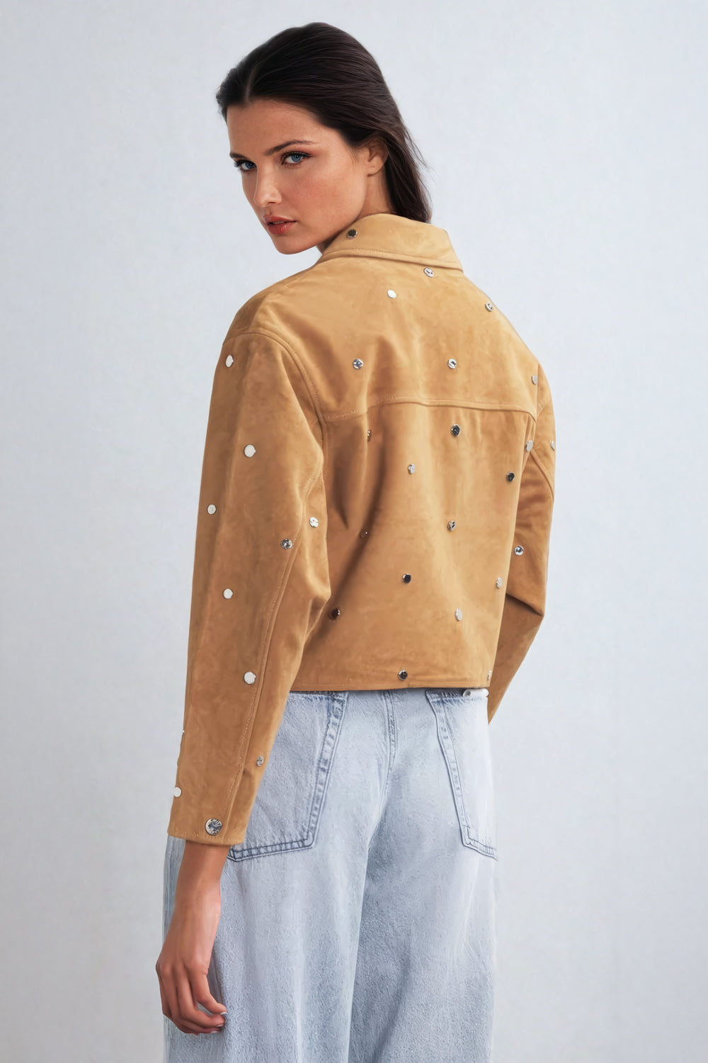 Studded Cropped Jacket with Zip Front and Pointed Collar - Brown