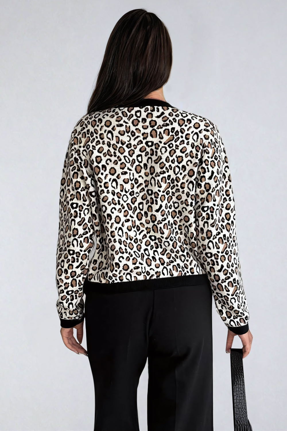 Knitted Cardigan with Leopard Pattern and Button Detailing - Black