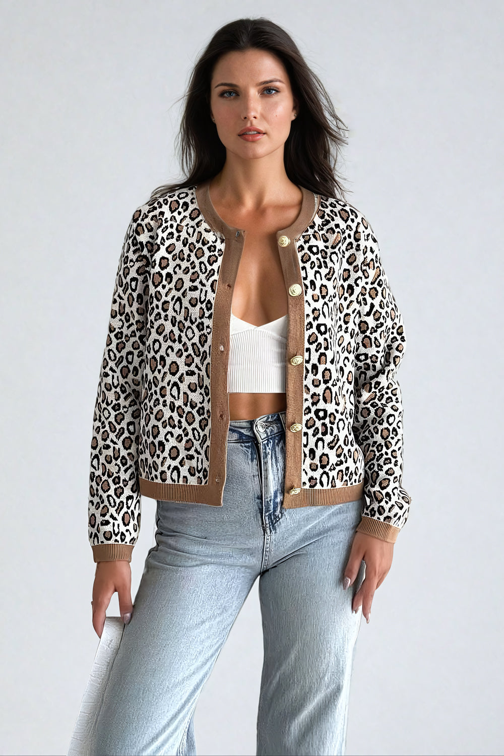 Knitted Cardigan with Leopard Pattern and Button Detailing - Brown