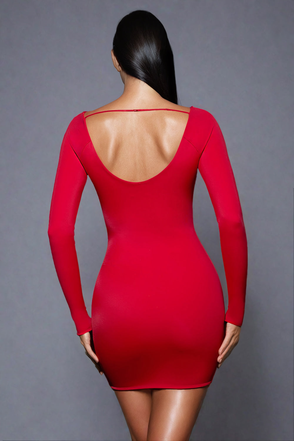Long-Sleeve Deep Scoop Neck Mini Dress with Open Back - Red