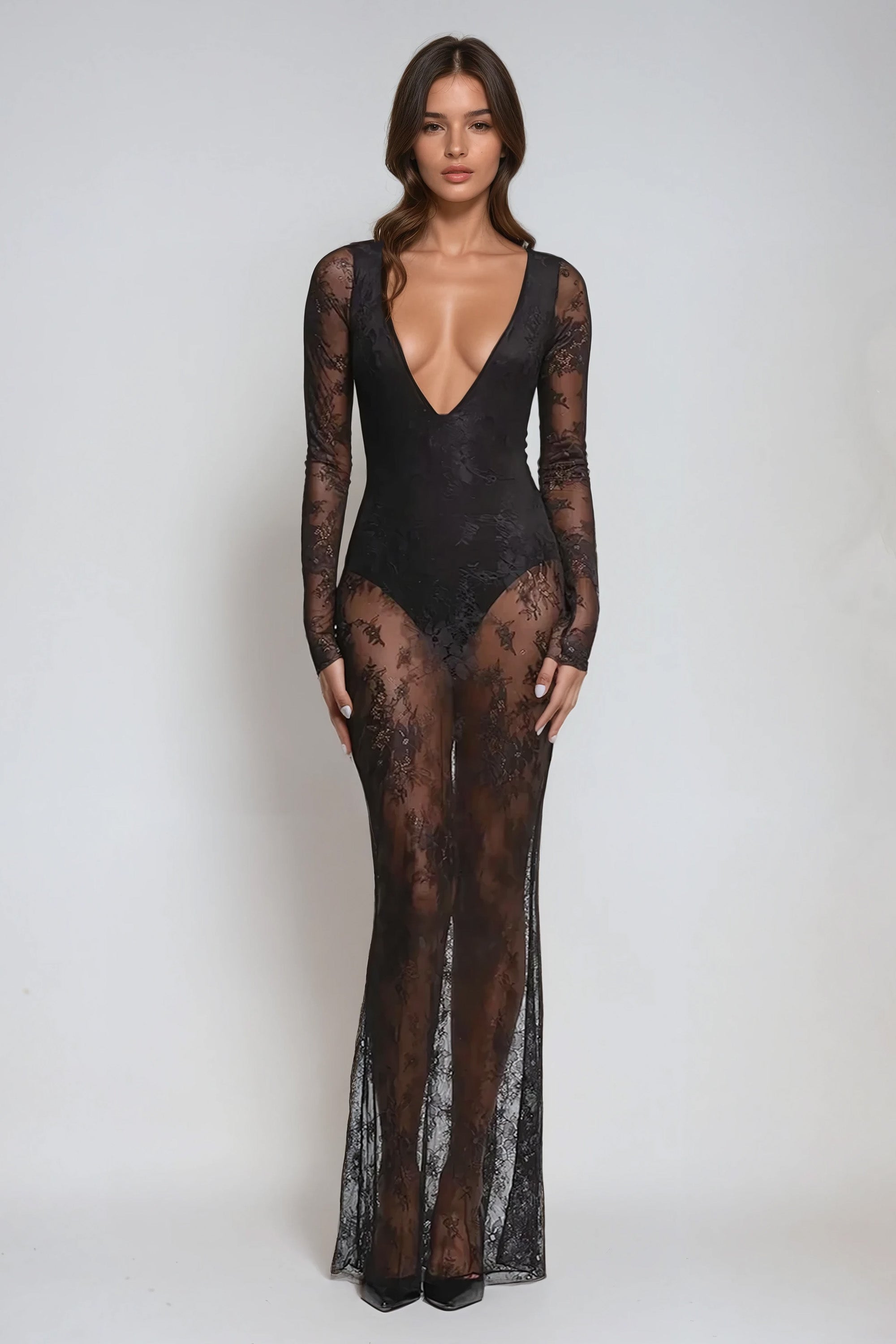 Long Sleeve Sheer Lace Maxi Dress with Deep Plunge Neckline