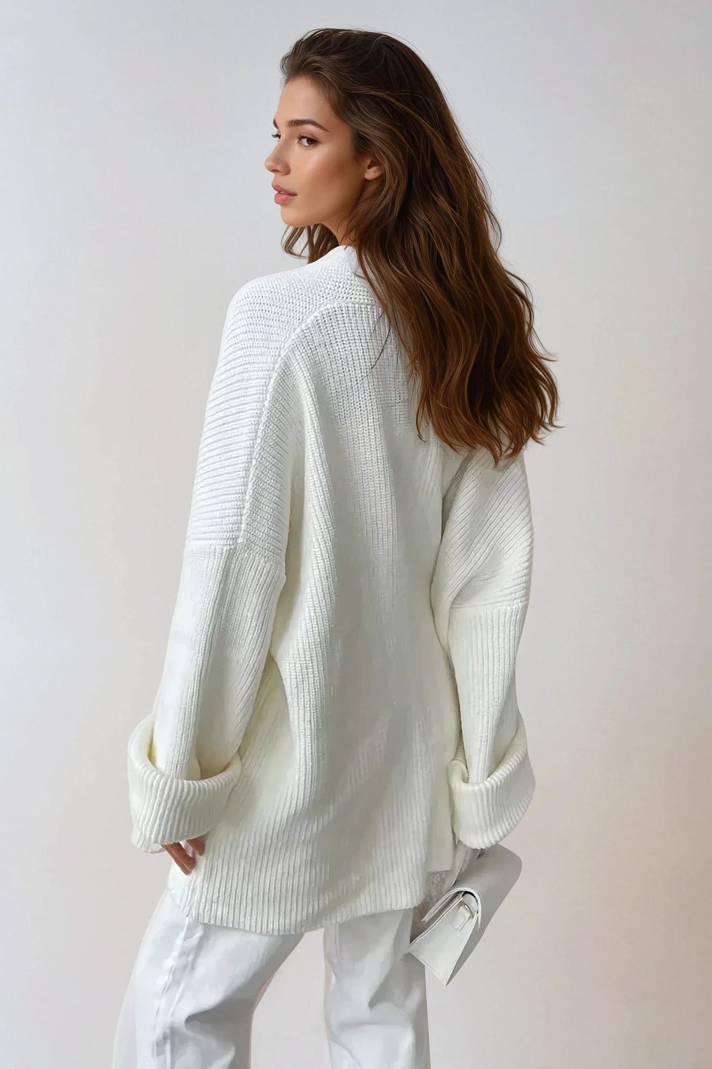 Knitted Cardigan with Wide Belted Waist and Long Cuffed Sleeves - White