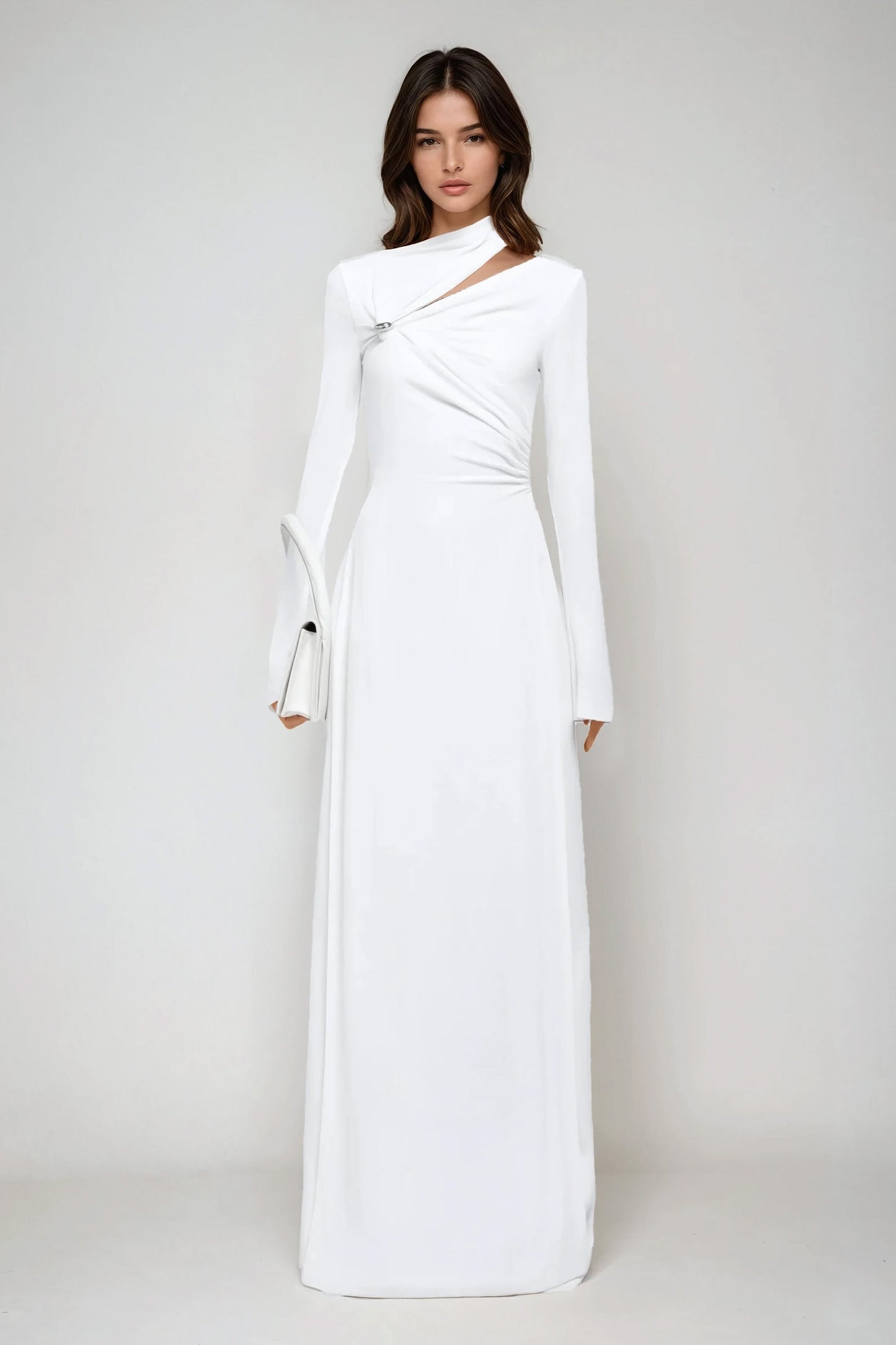 Long Sleeve Asymmetrical Knot Detail Maxi Dress - White