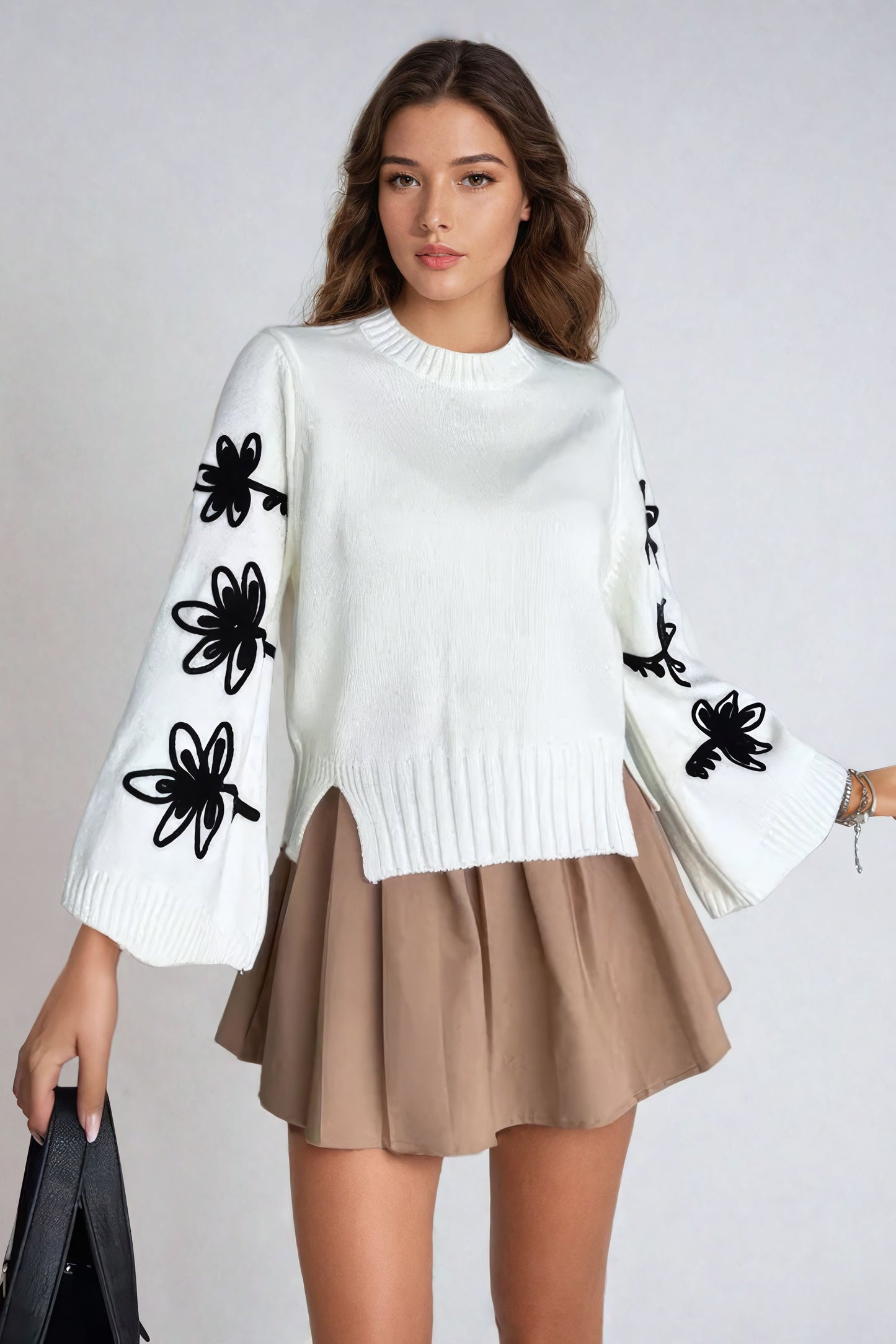 Knitted Sweater with Embroidered Floral Sleeves - White