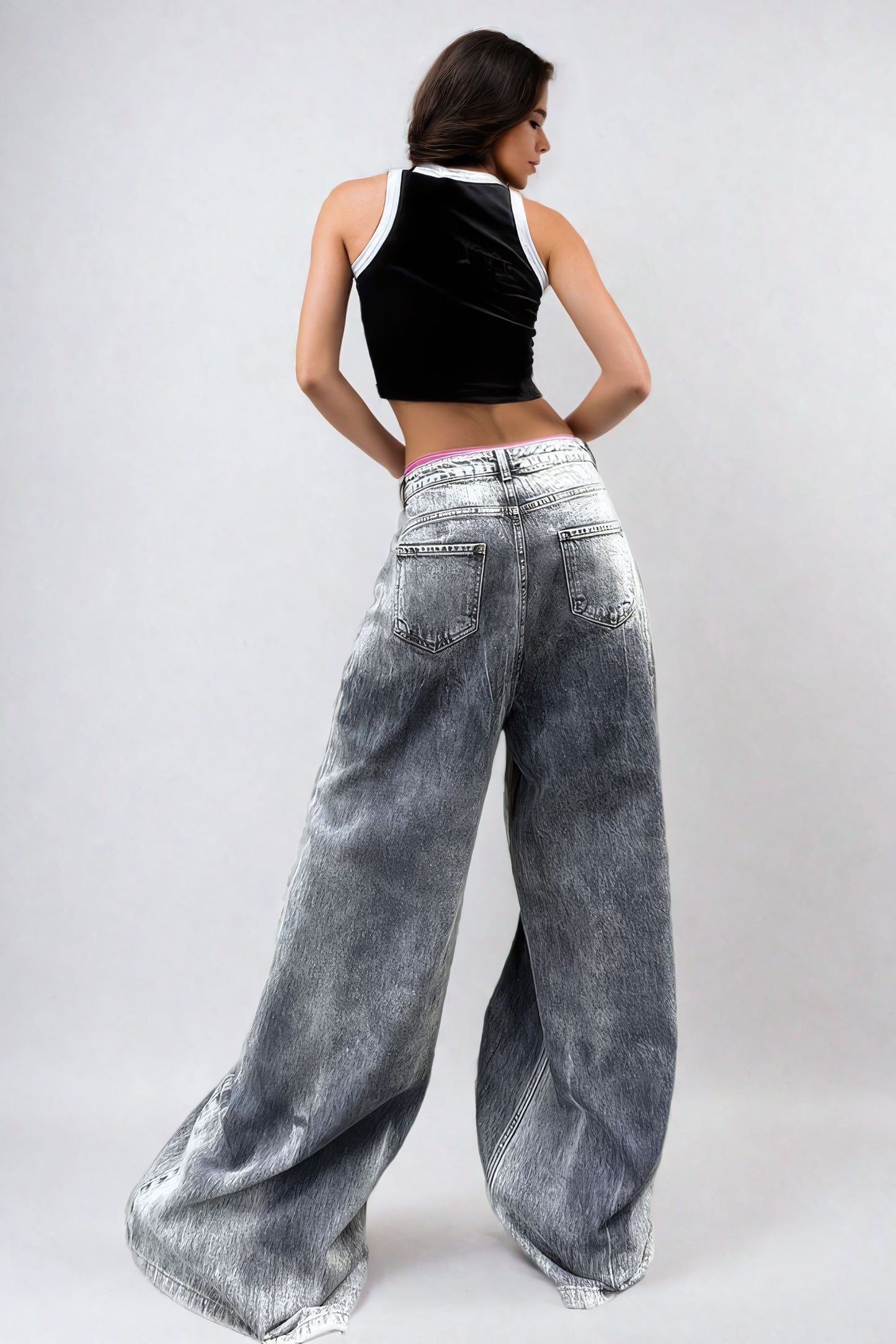 Oversized Wide-Leg Jeans with High Waist - Gray
