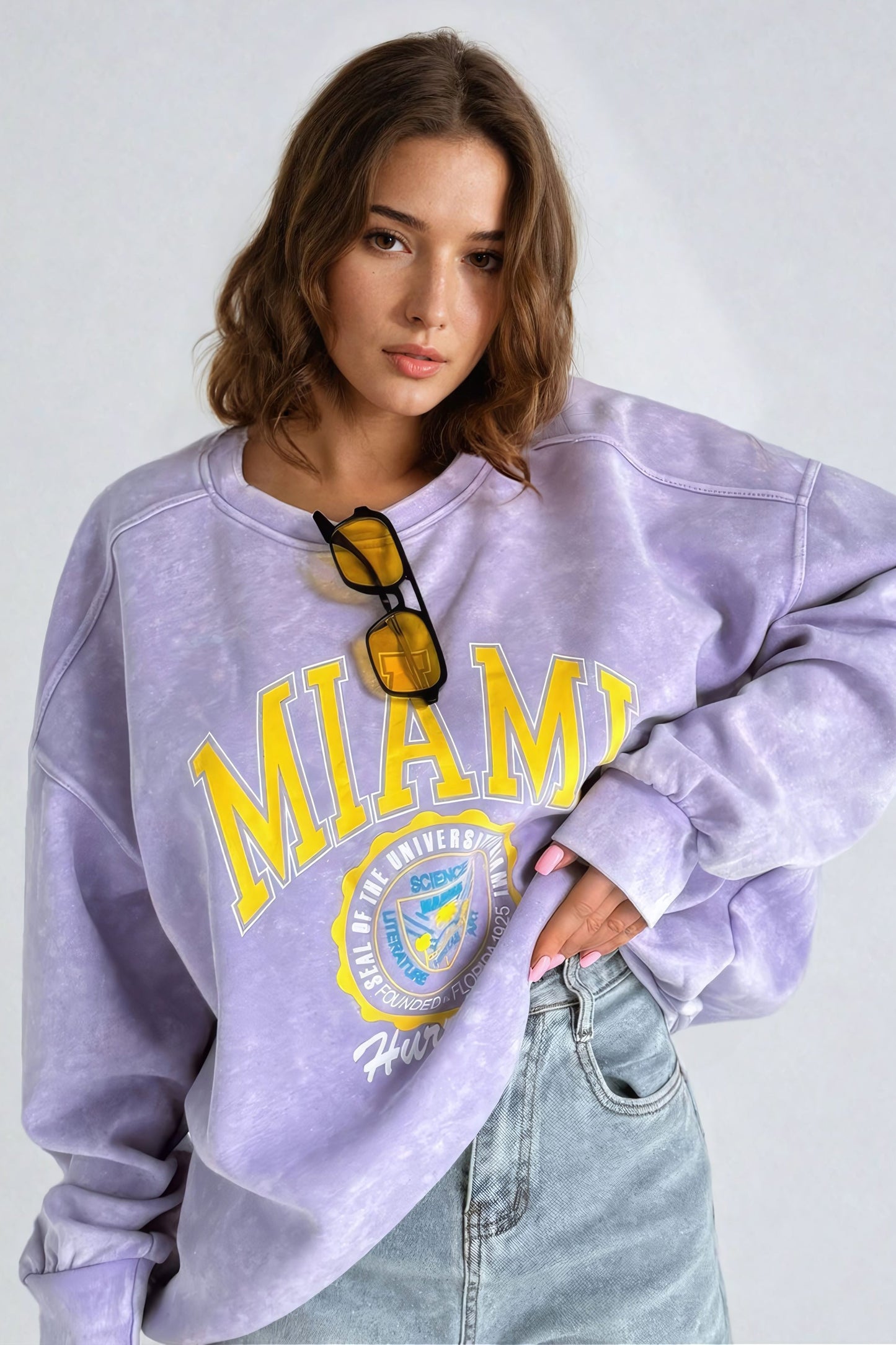 Oversized "Miami" Print Graphic Sweatshirt - Purple