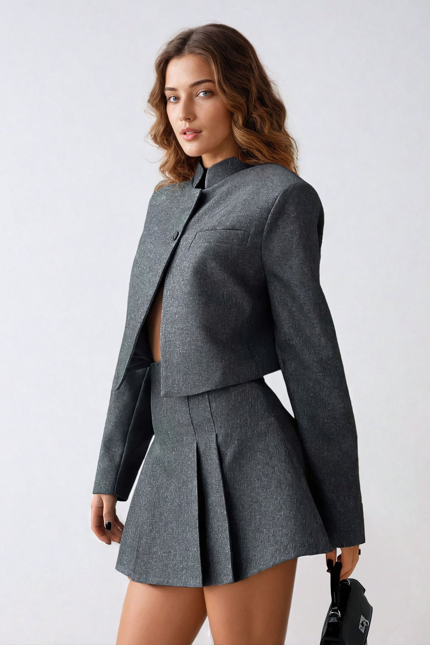 Cropped Blazer and Pleated Mini Skirt Co-Ord Set - Gray