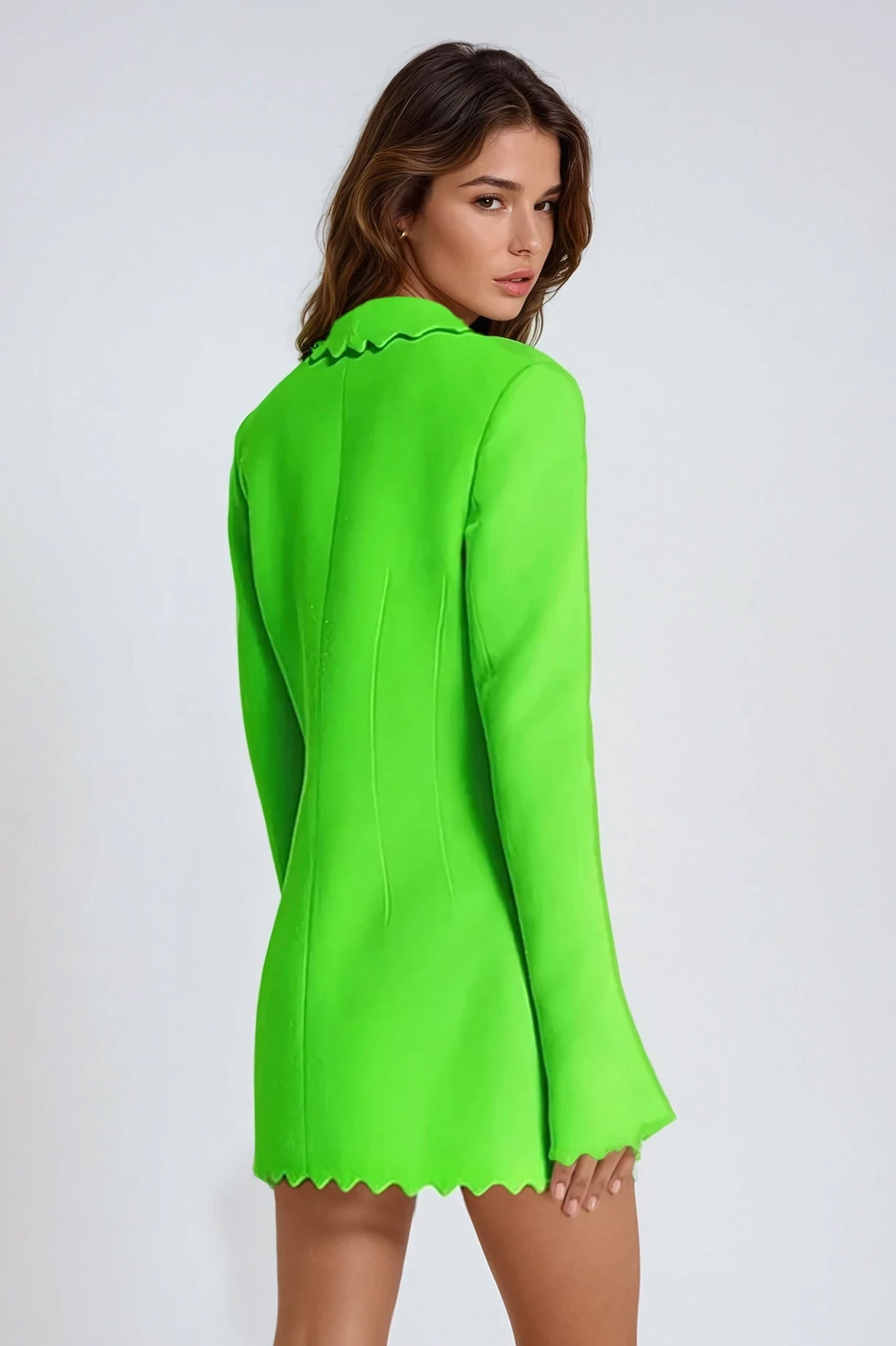Long Sleeve Scalloped-Edge Mini Dress - Green