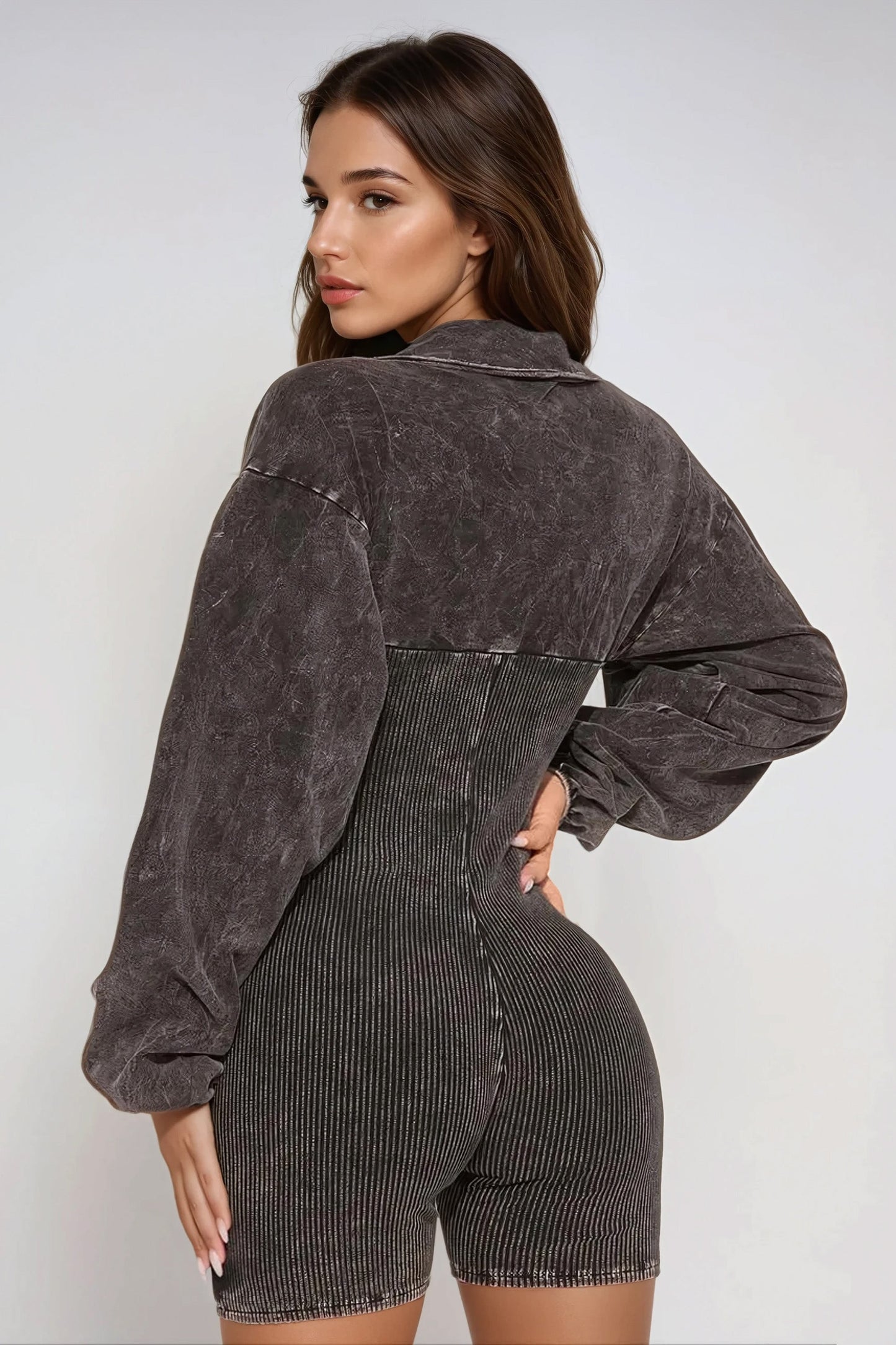 Long Sleeve Romper with Corset Detailing - Black