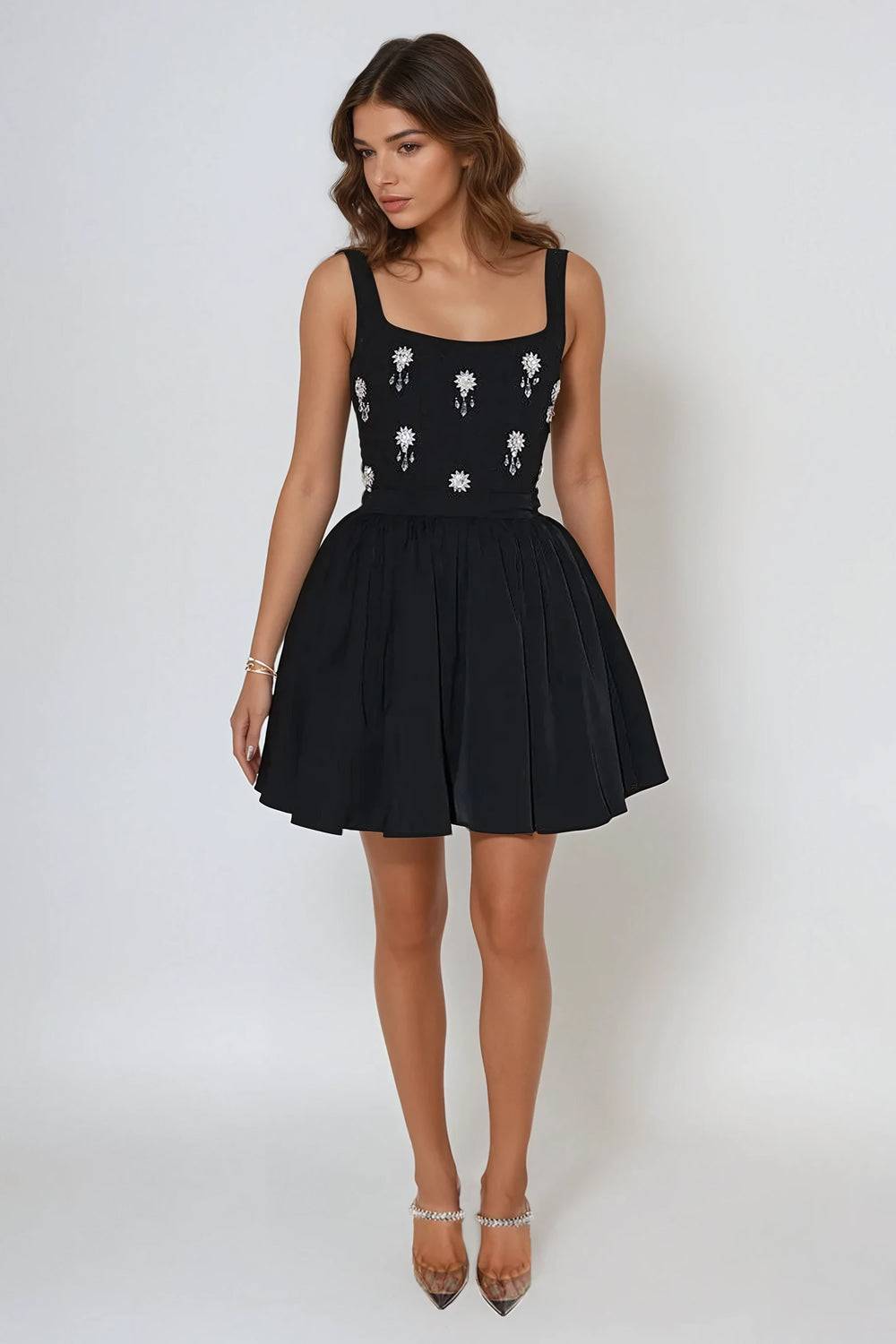 Two-Piece Set with Embellished Top and Pleated Skirt - Black