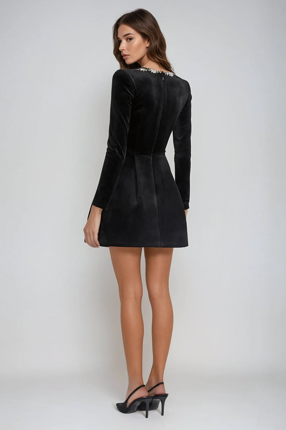 Long Sleeve Embellished Square Neck Mini Dress - Black