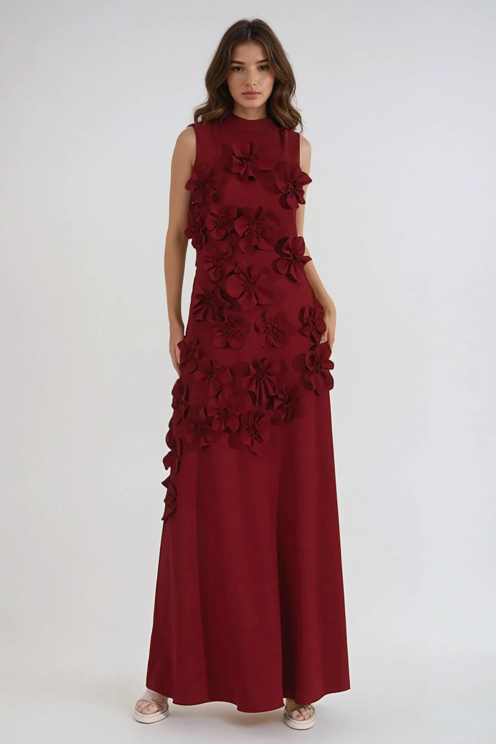 3D Floral Embellished Sleeveless Maxi Dress - Red