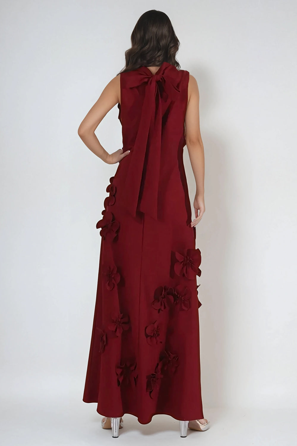 3D Floral Embellished Sleeveless Maxi Dress - Red
