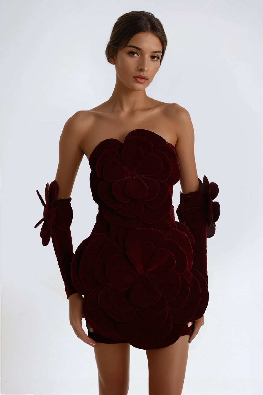 Strapless Mini Dress with Textured Floral Detailing - Red