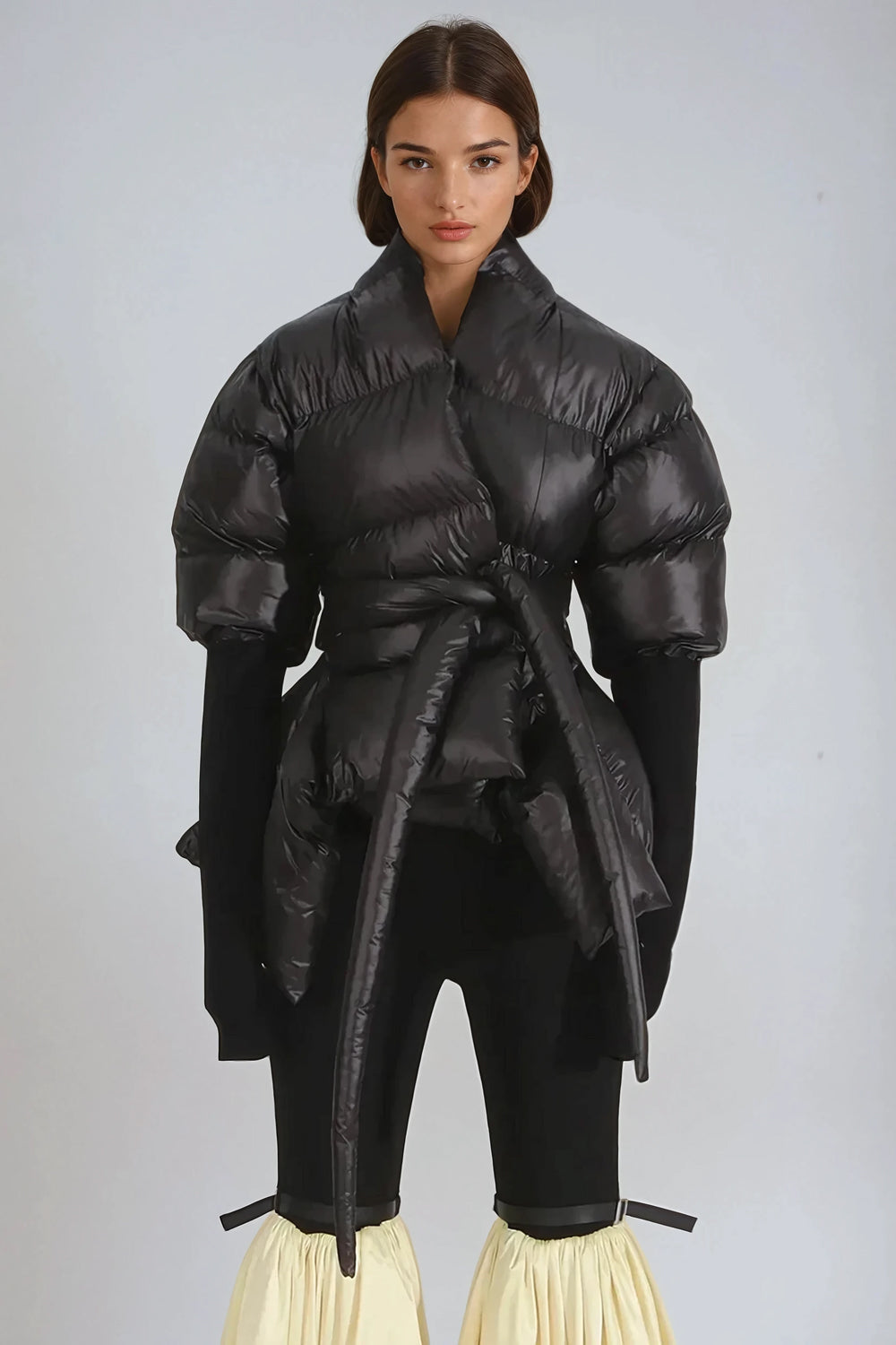 Wrap-Style Puffer Coat with Waist Tie - Black