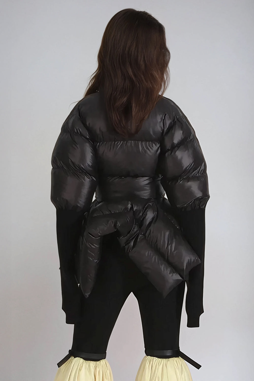 Wrap-Style Puffer Coat with Waist Tie - Black