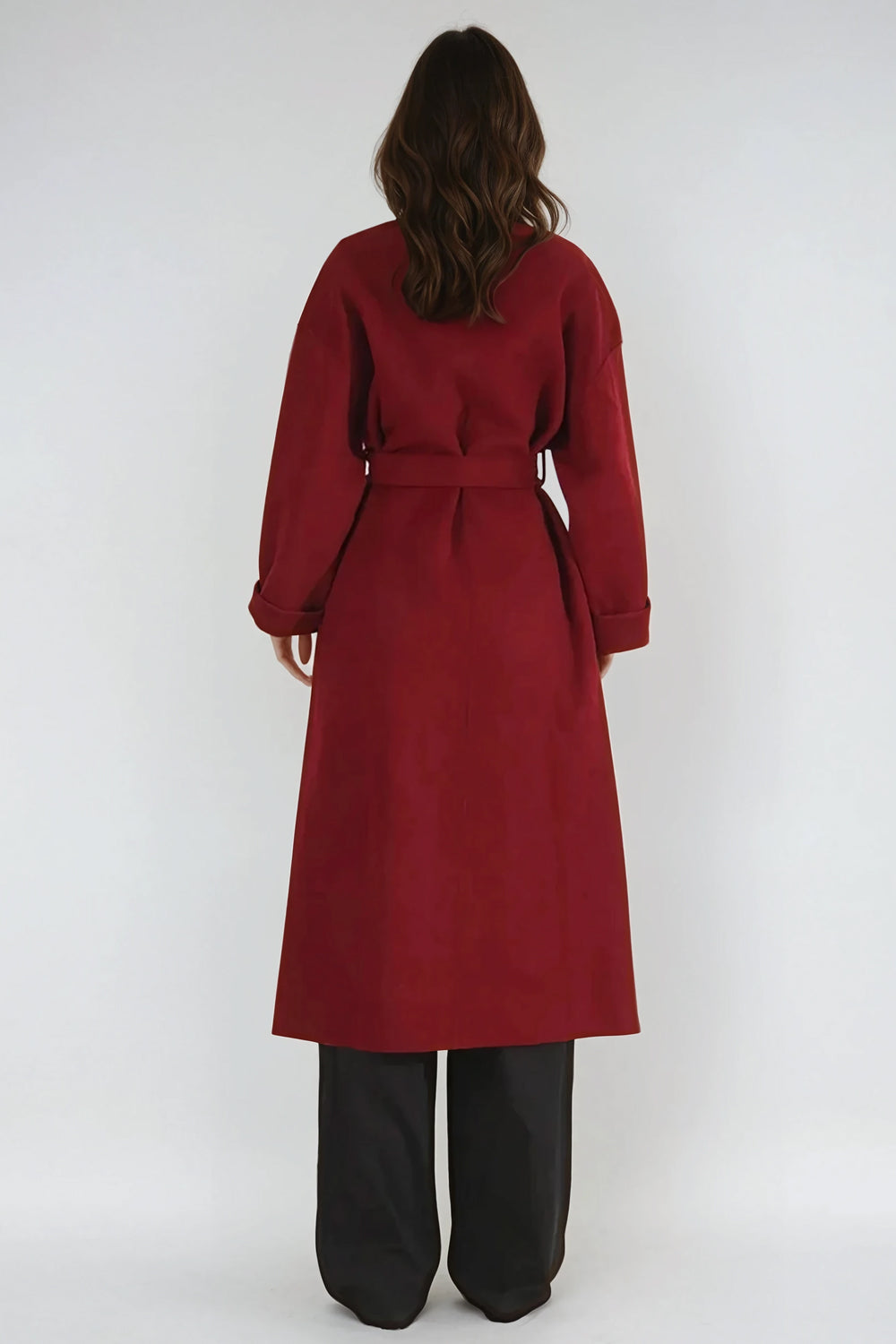 Long Sleeve Belted Maxi Coat - Red