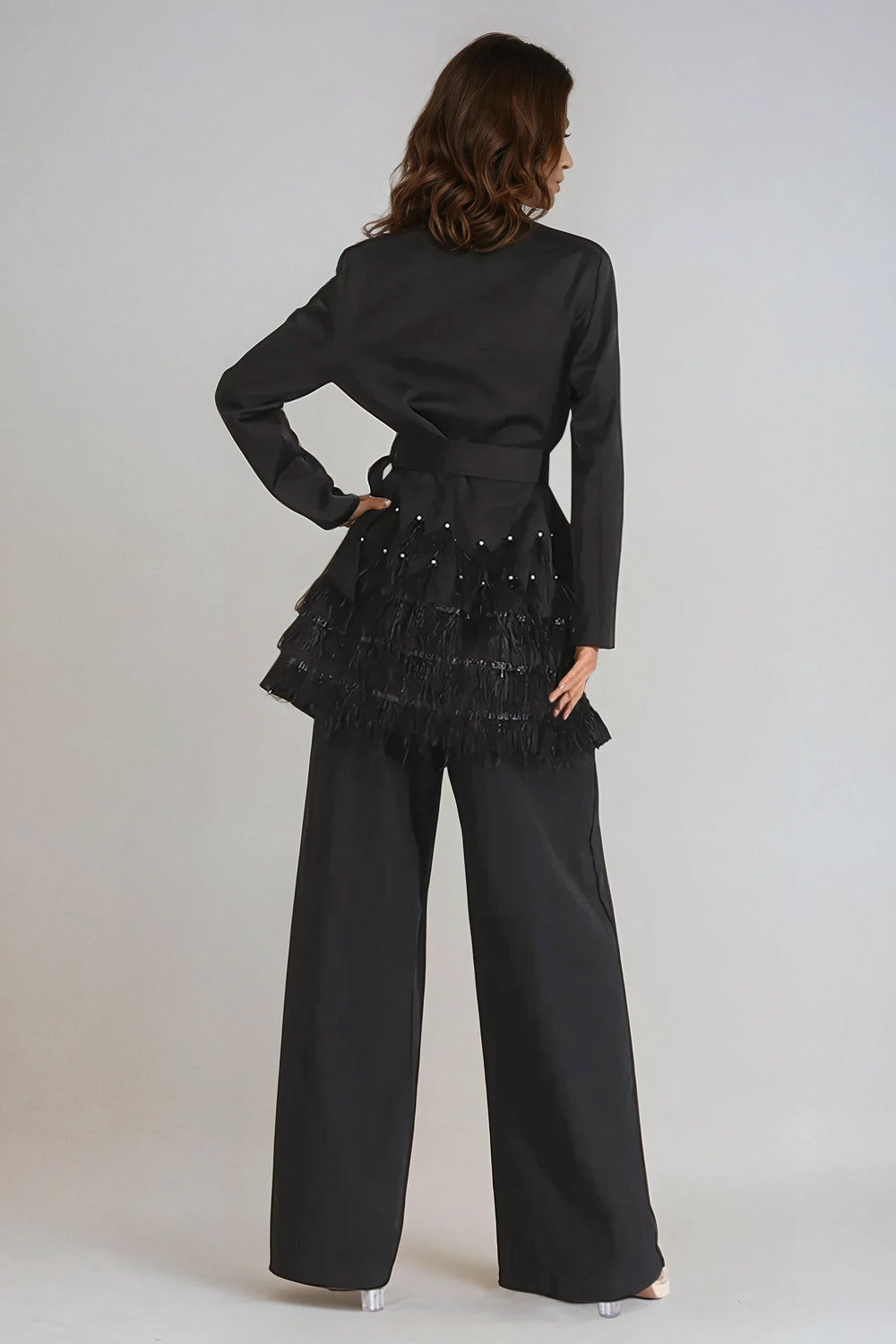 Longline Blazer with Tiered Fringe Detail and Embellished Belt - Black