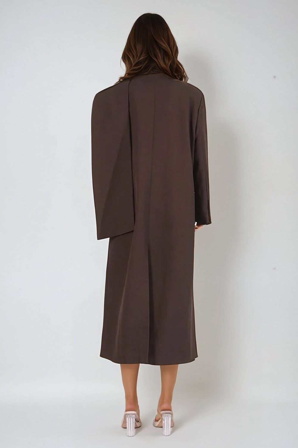 Asymmetrical Buttoned Midi Dress - Brown
