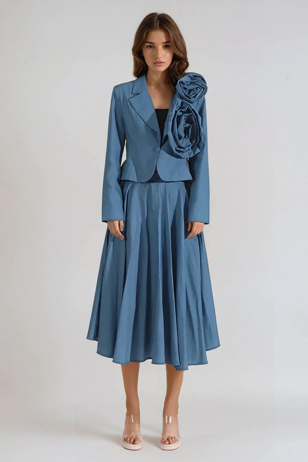 Two-Piece Set with Oversized 3D Floral Blazer and Midi Skirt - Blue