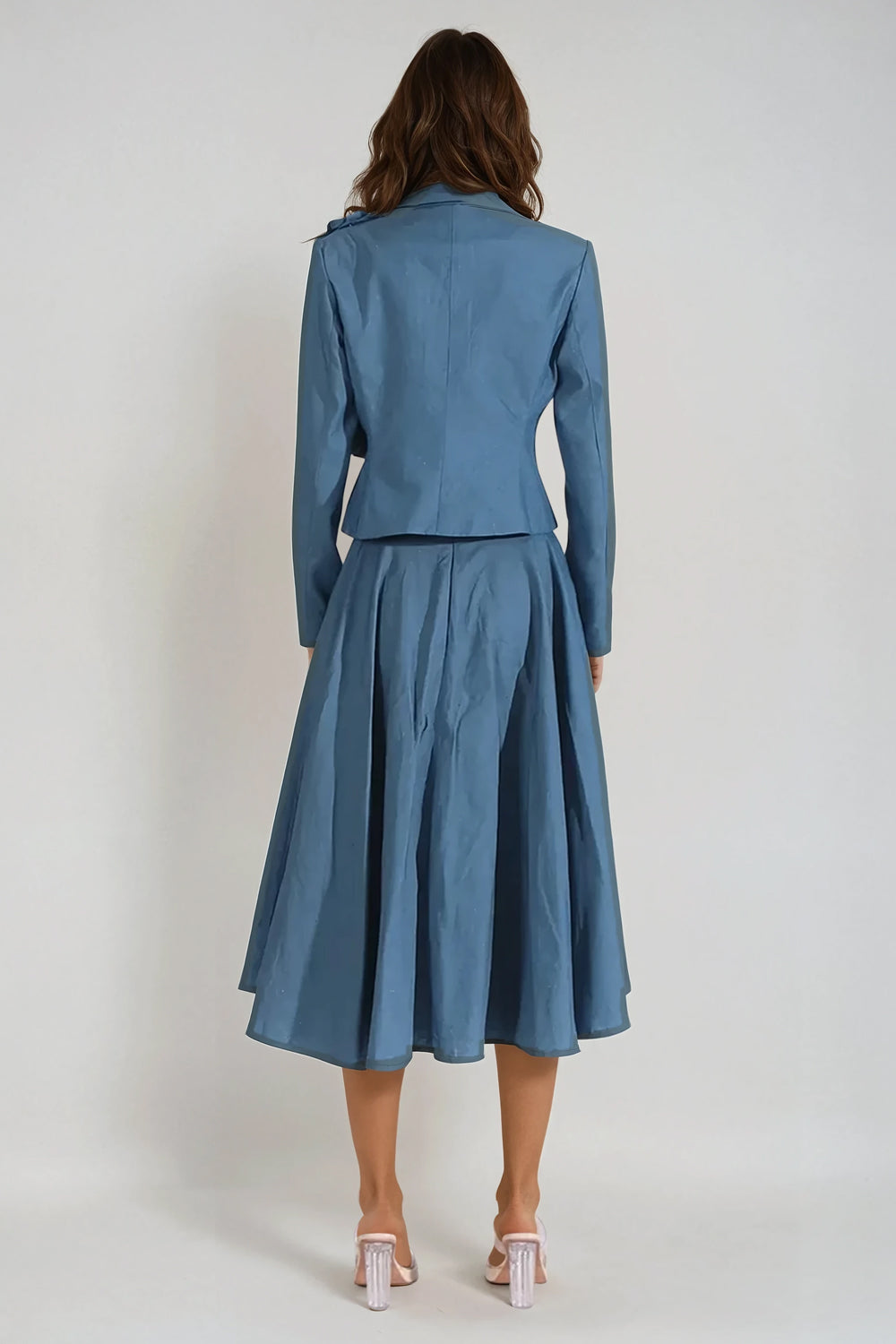Two-Piece Set with Oversized 3D Floral Blazer and Midi Skirt - Blue