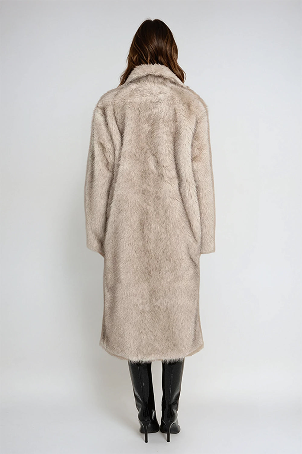 Long Faux Fur Coat with Wide Lapel - Beige