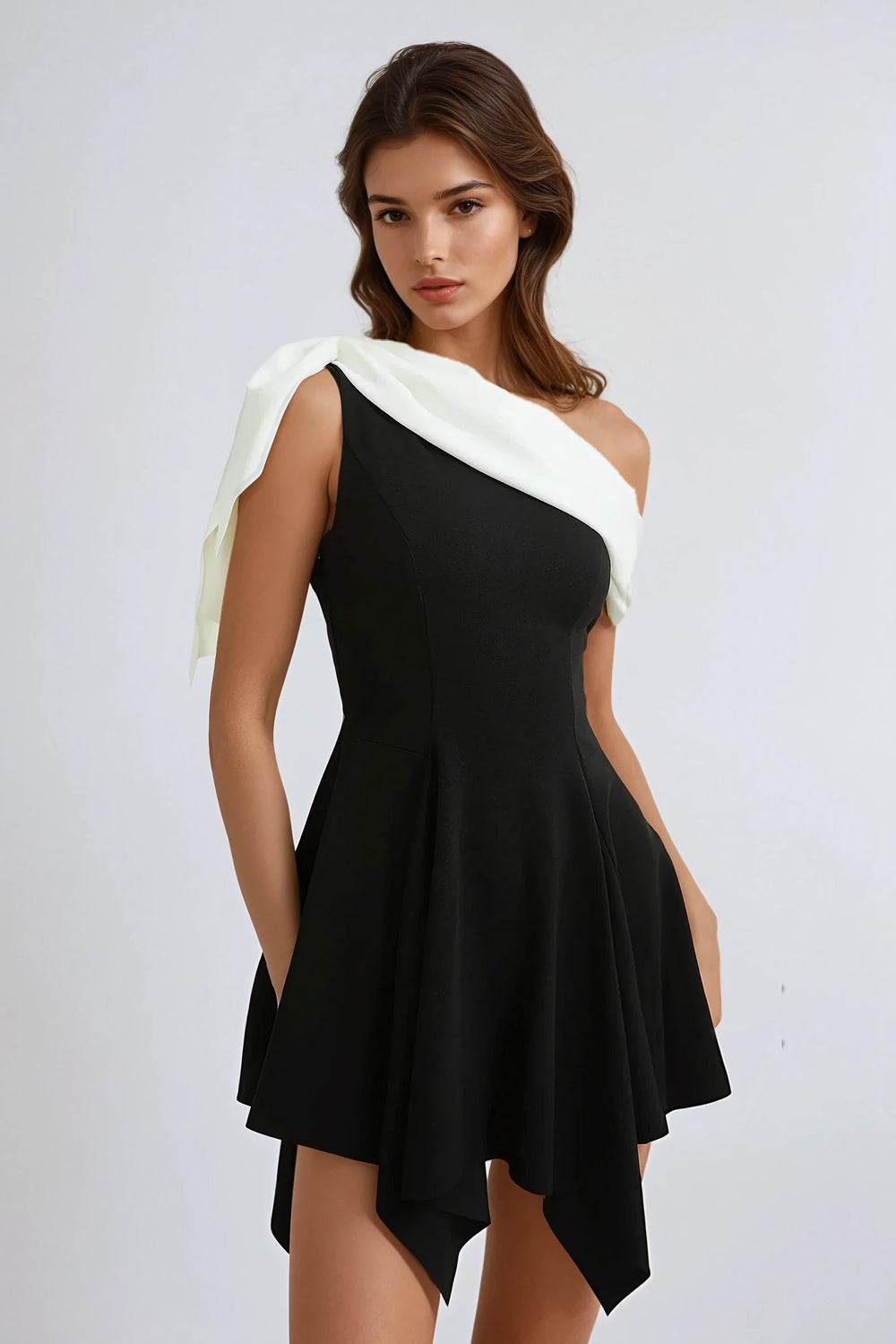 Asymmetrical Mini Dress with Draped Bow Detail - Black