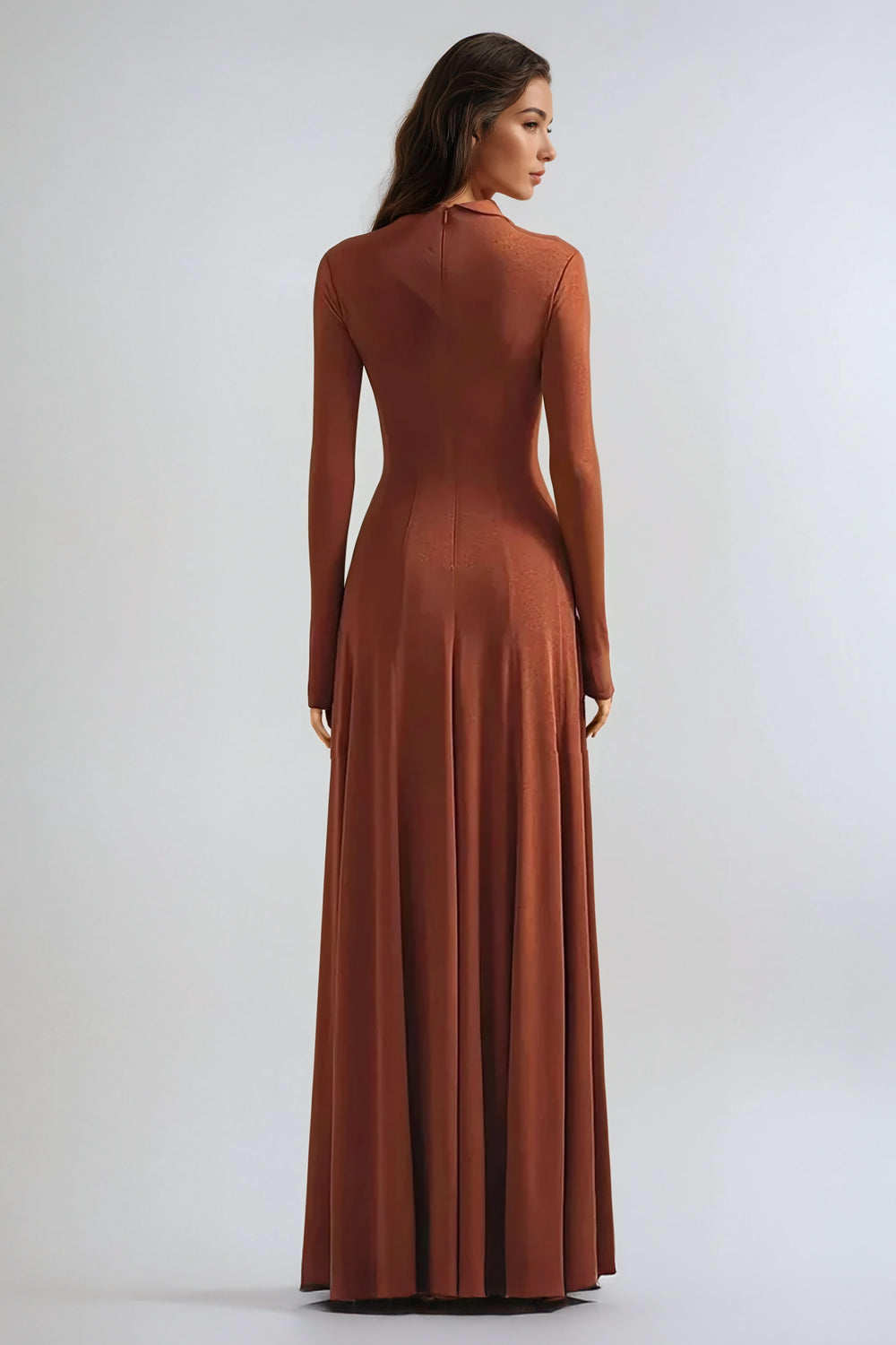 Long Sleeve High-Neck Maxi Dress with Decorative Rose Accent - Brown
