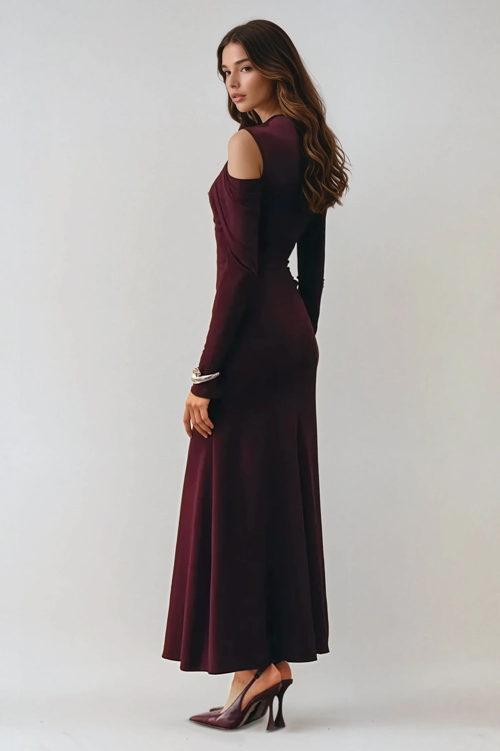 Asymmetrical Draped Maxi Dress - Maroon