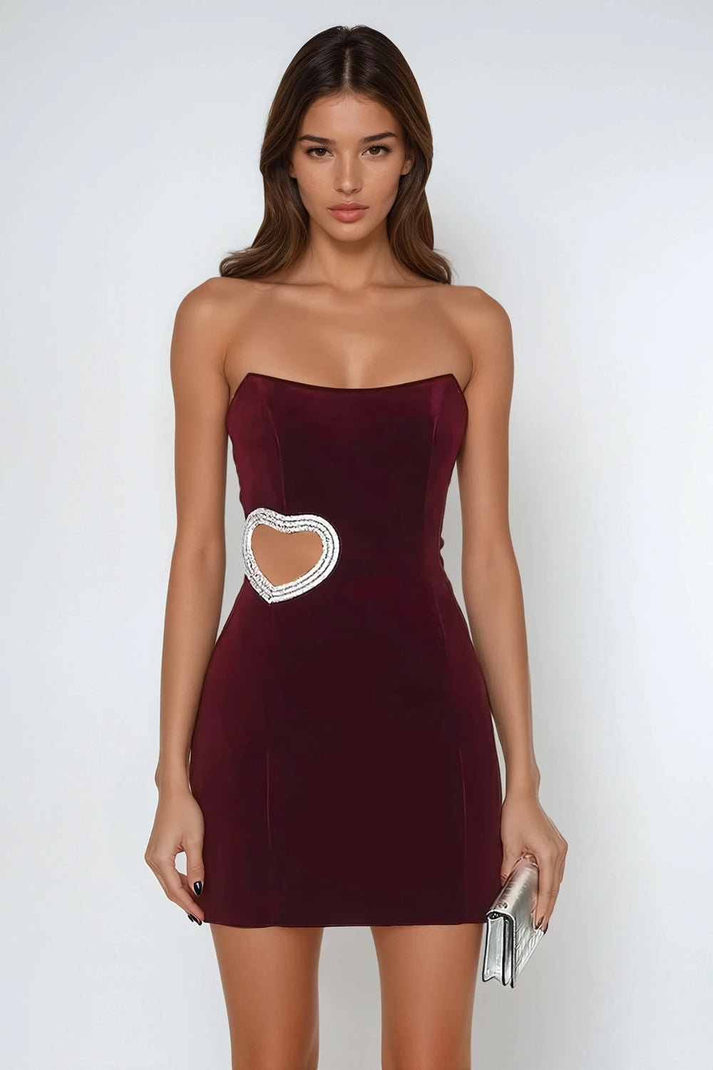 Velvet Mini Dress with Heart Cut-Out - Red