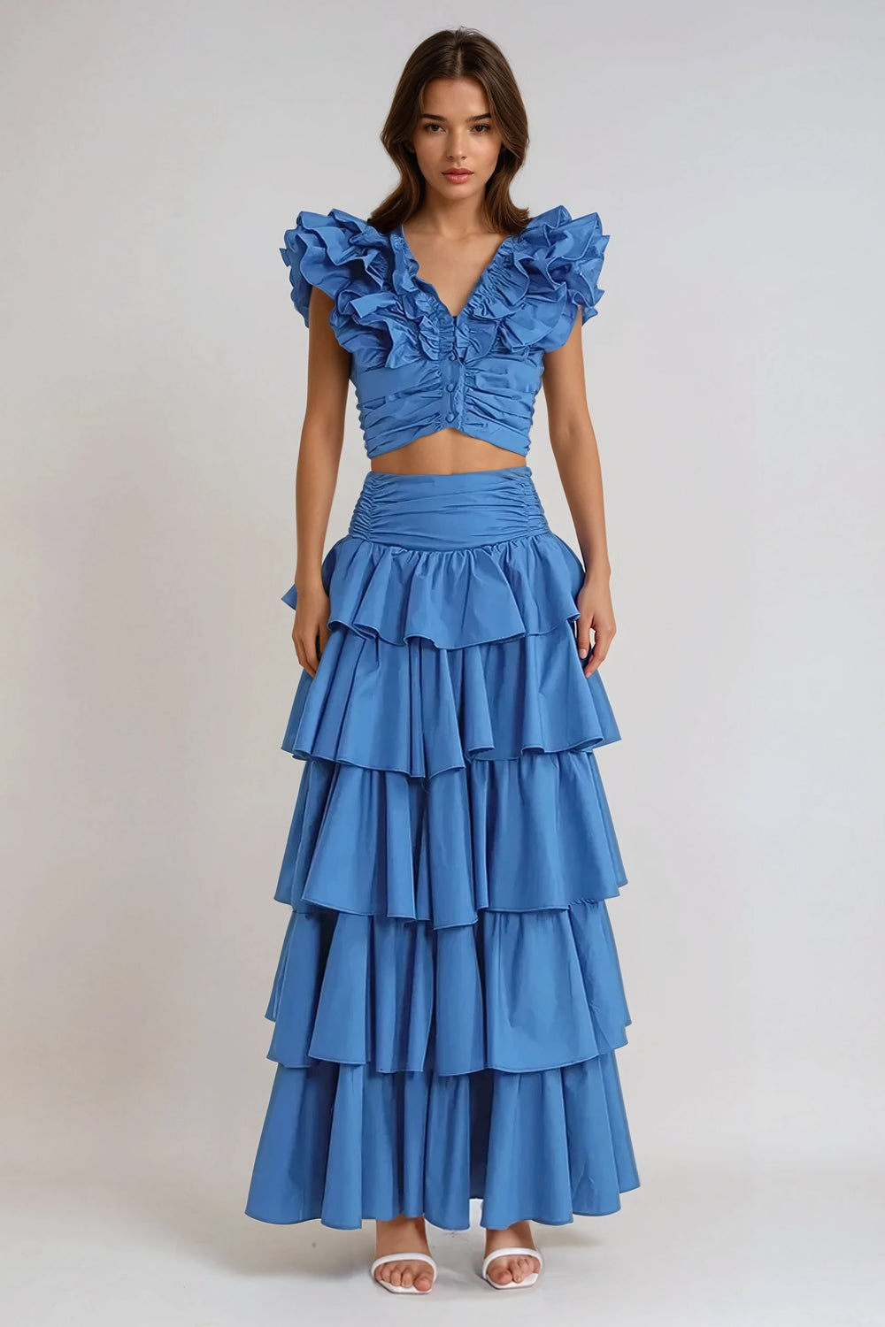 Two-Piece Set with Ruffled Top and Tiered Maxi Skirt - Blue