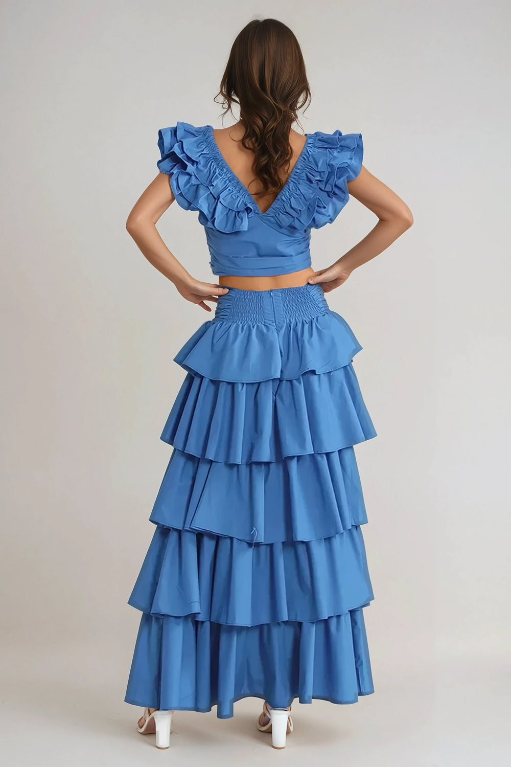 Two-Piece Set with Ruffled Top and Tiered Maxi Skirt - Blue