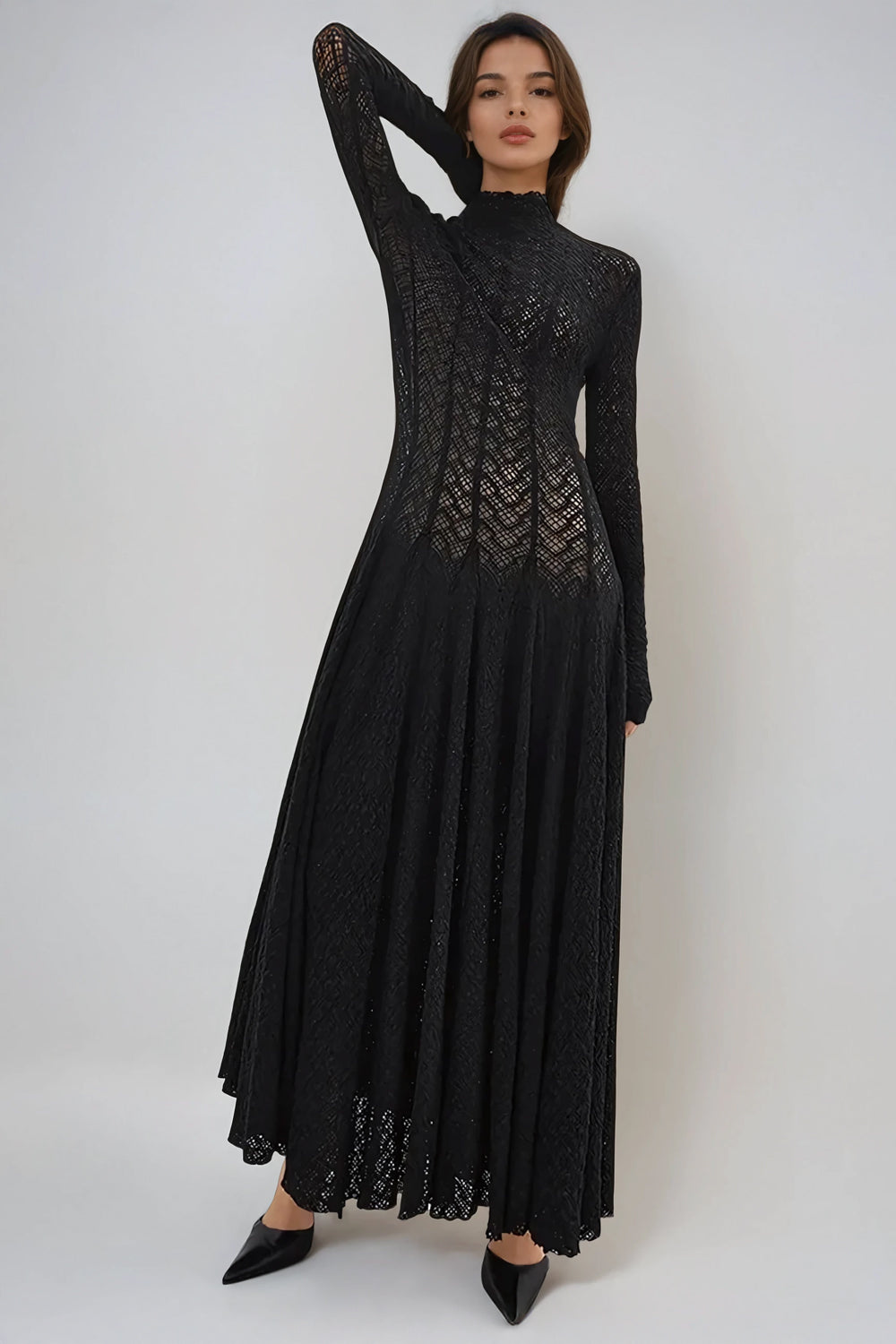 High-Neck Knitted Maxi Dress with Sheer Panels - Black