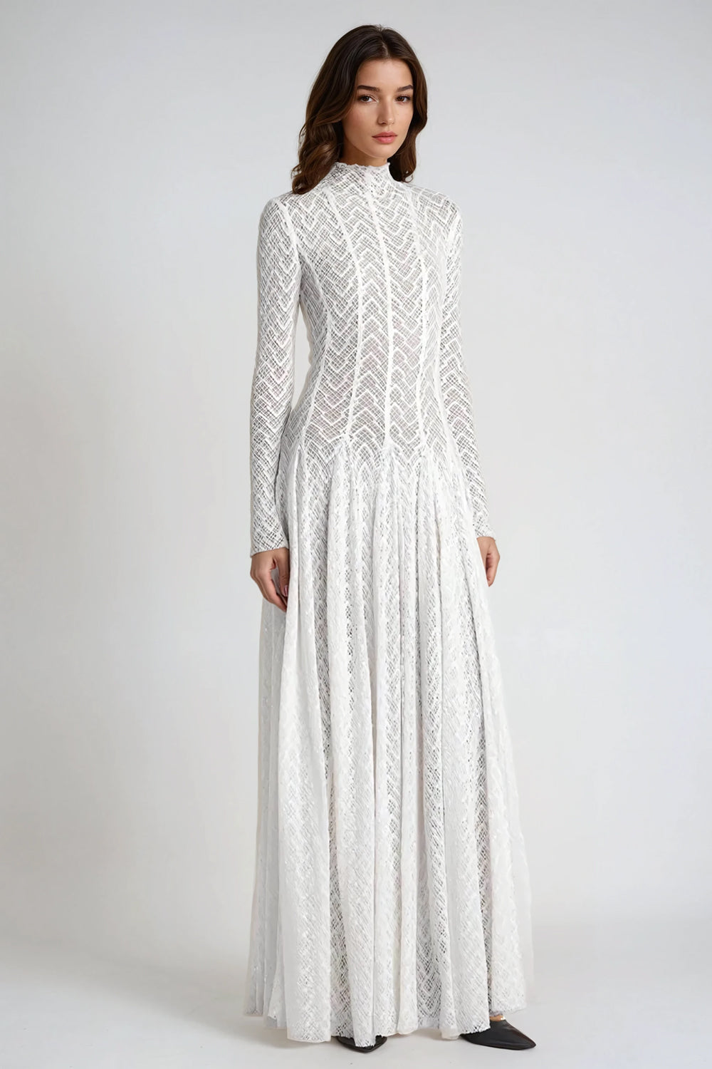 High-Neck Knitted Maxi Dress with Sheer Panels - White