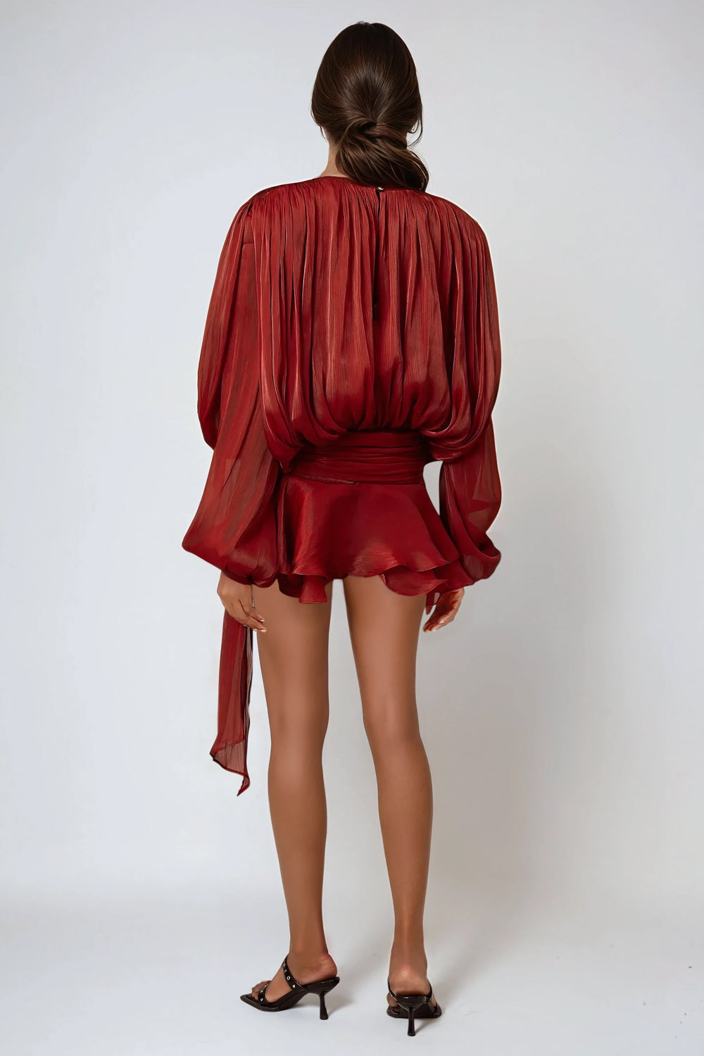 Mini Dress with Tie-Neck and Flared Skirt - Red