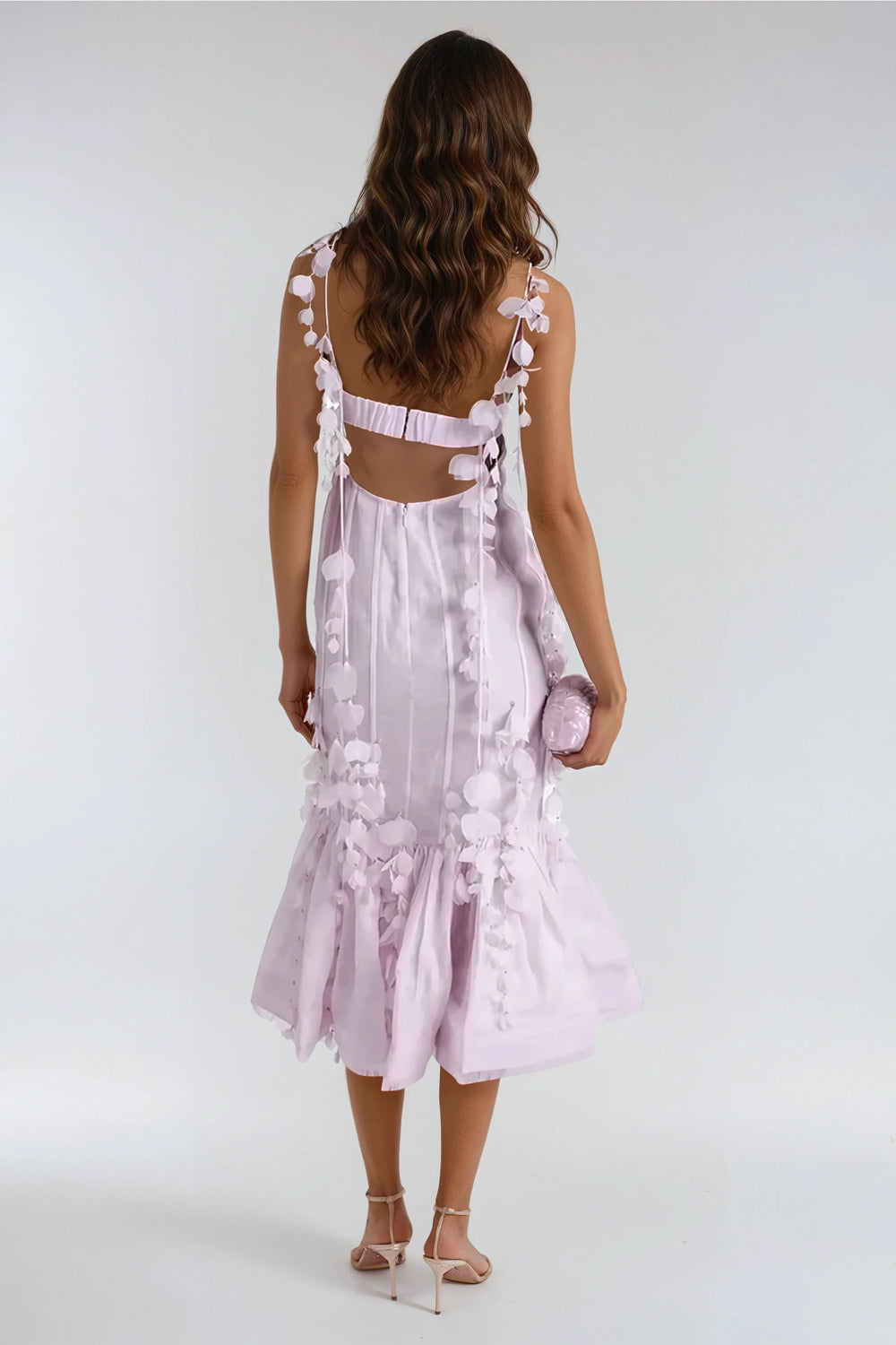 Midi Dress with 3D Floral Details and Corset Bodice - Pink