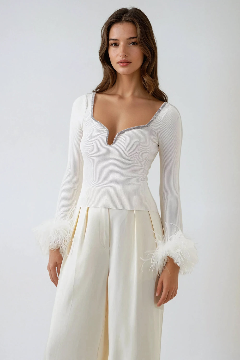 Knitted Top with Feather Cuffs - White