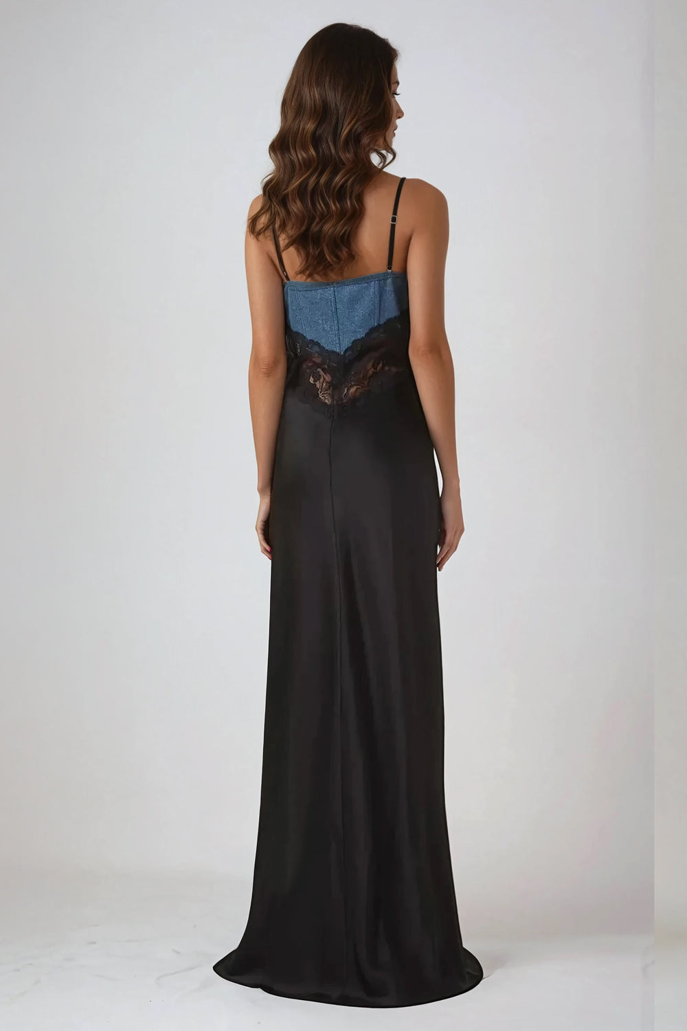 Denim and Lace Maxi Dress - Black