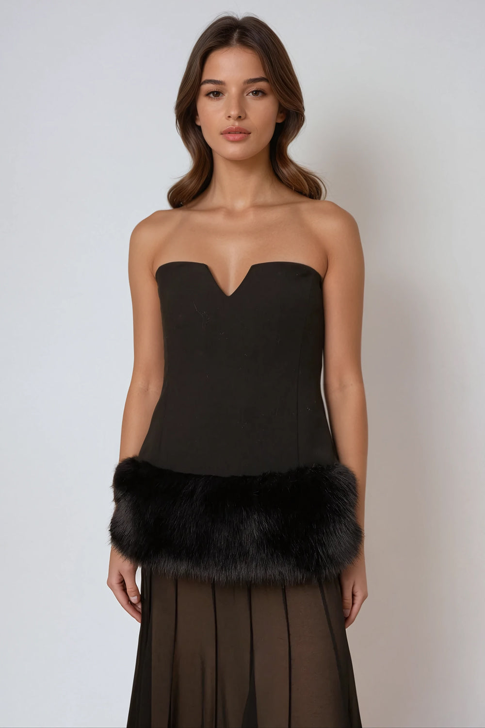 Strapless Top with Faux Fur Hem - Black