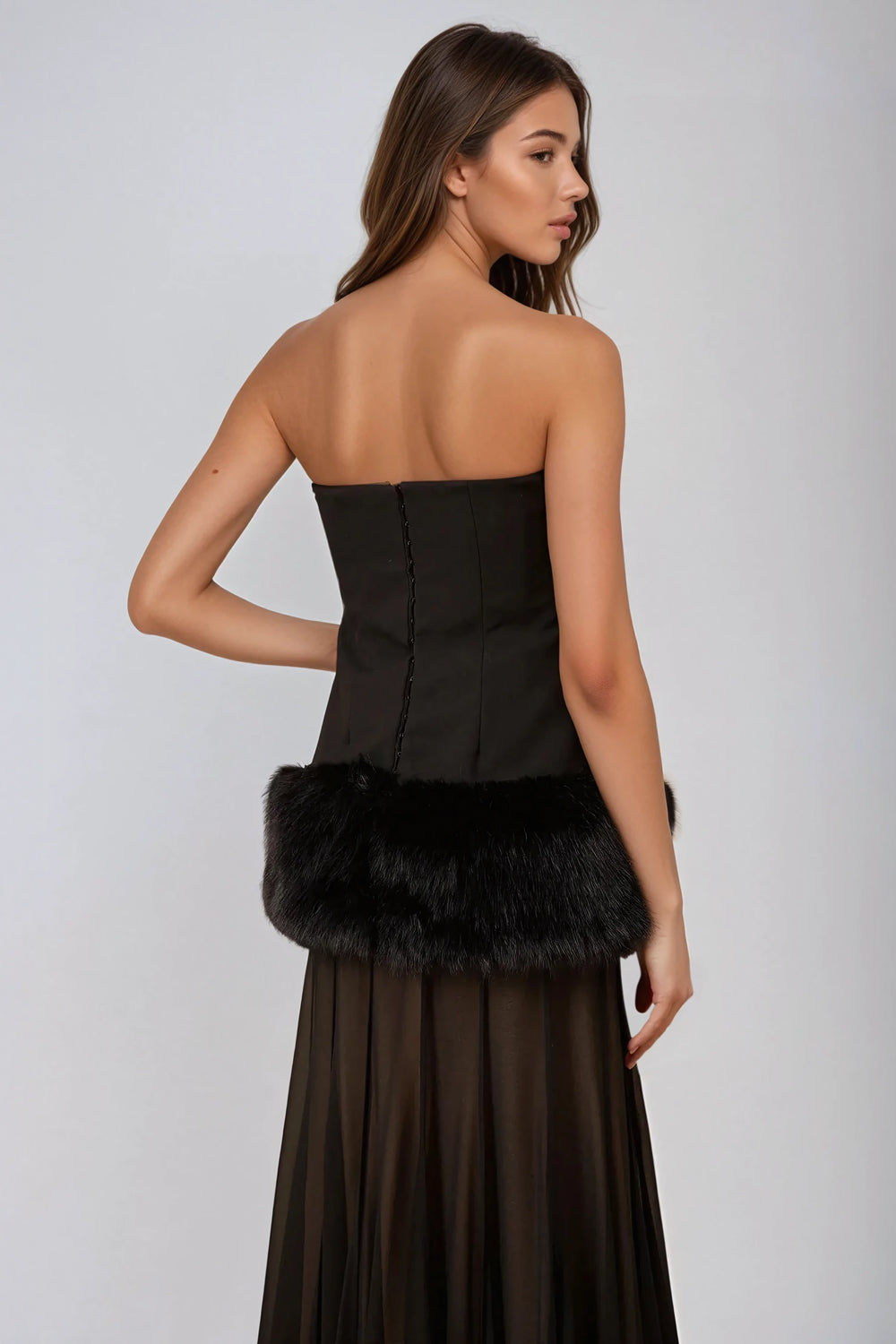 Strapless Top with Faux Fur Hem - Black