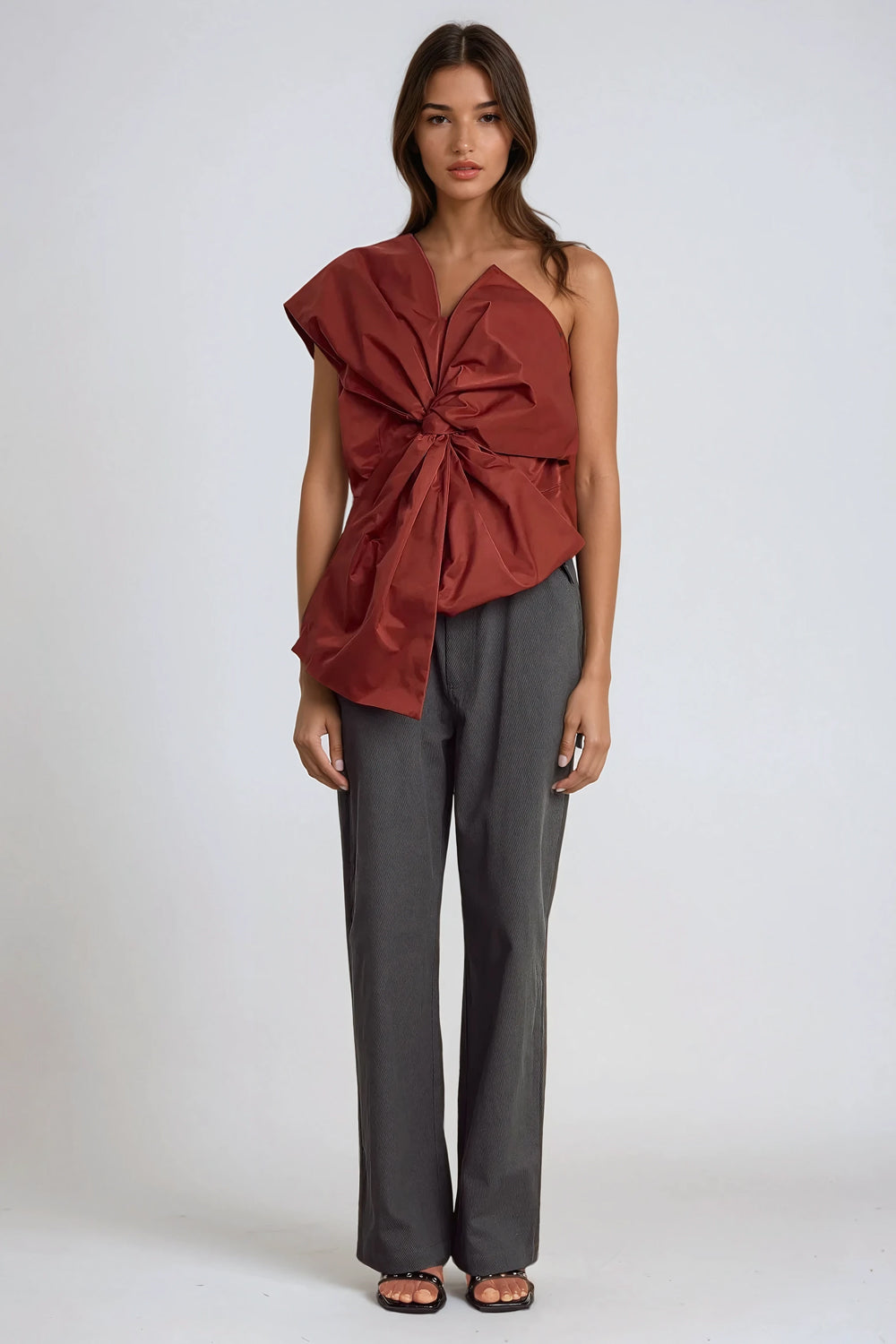 Asymmetrical Ruched Bow Top - Maroon