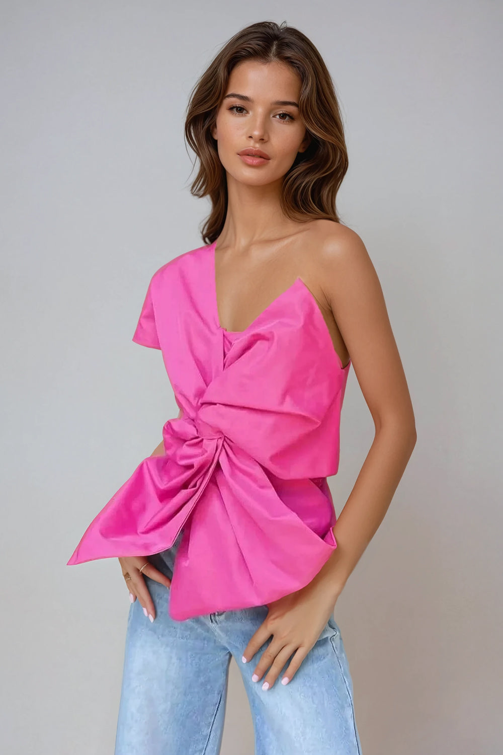 Asymmetrical Ruched Bow Top - Pink