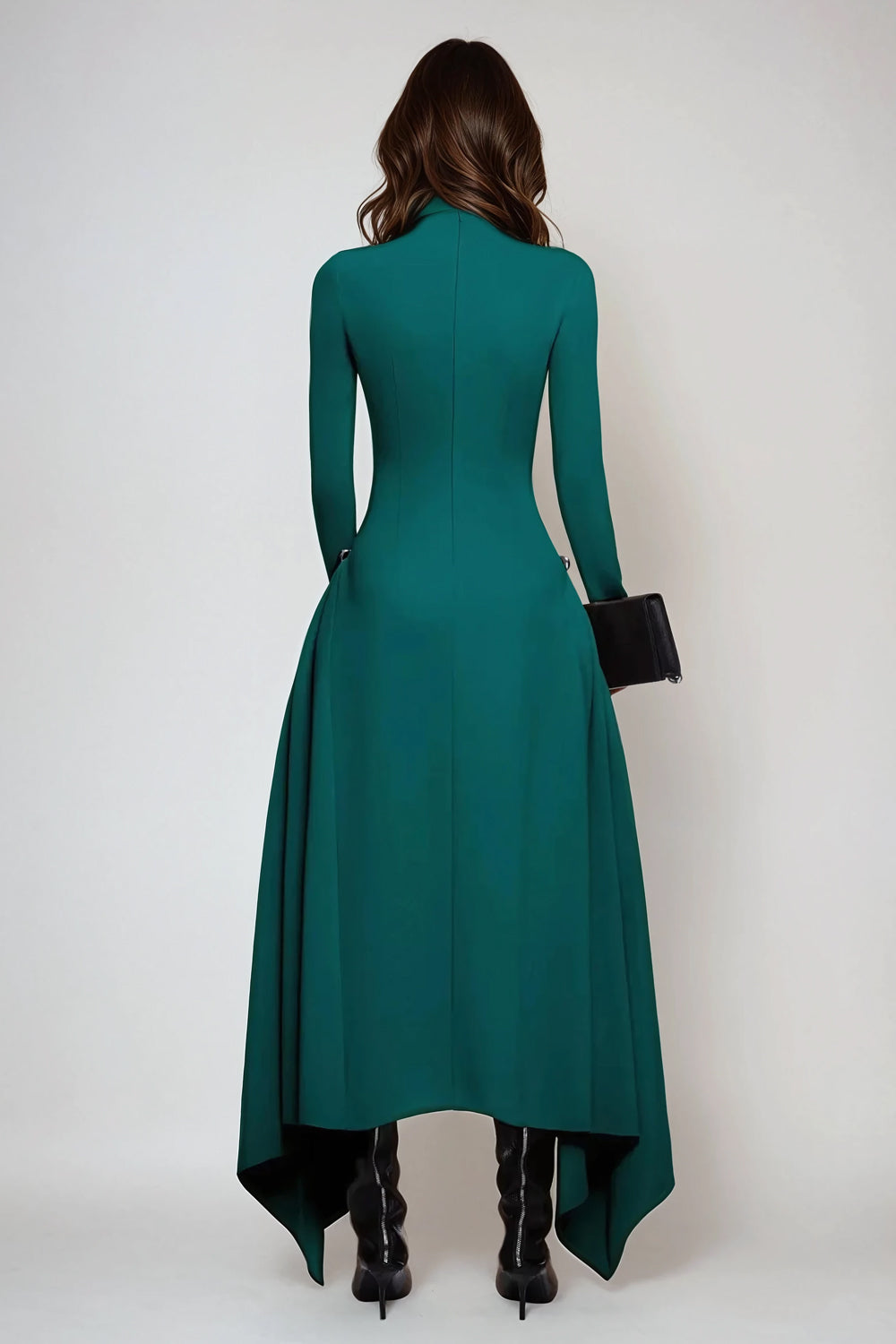 Asymmetrical Maxi Dress with Long Sleeves and Side Draping - Green