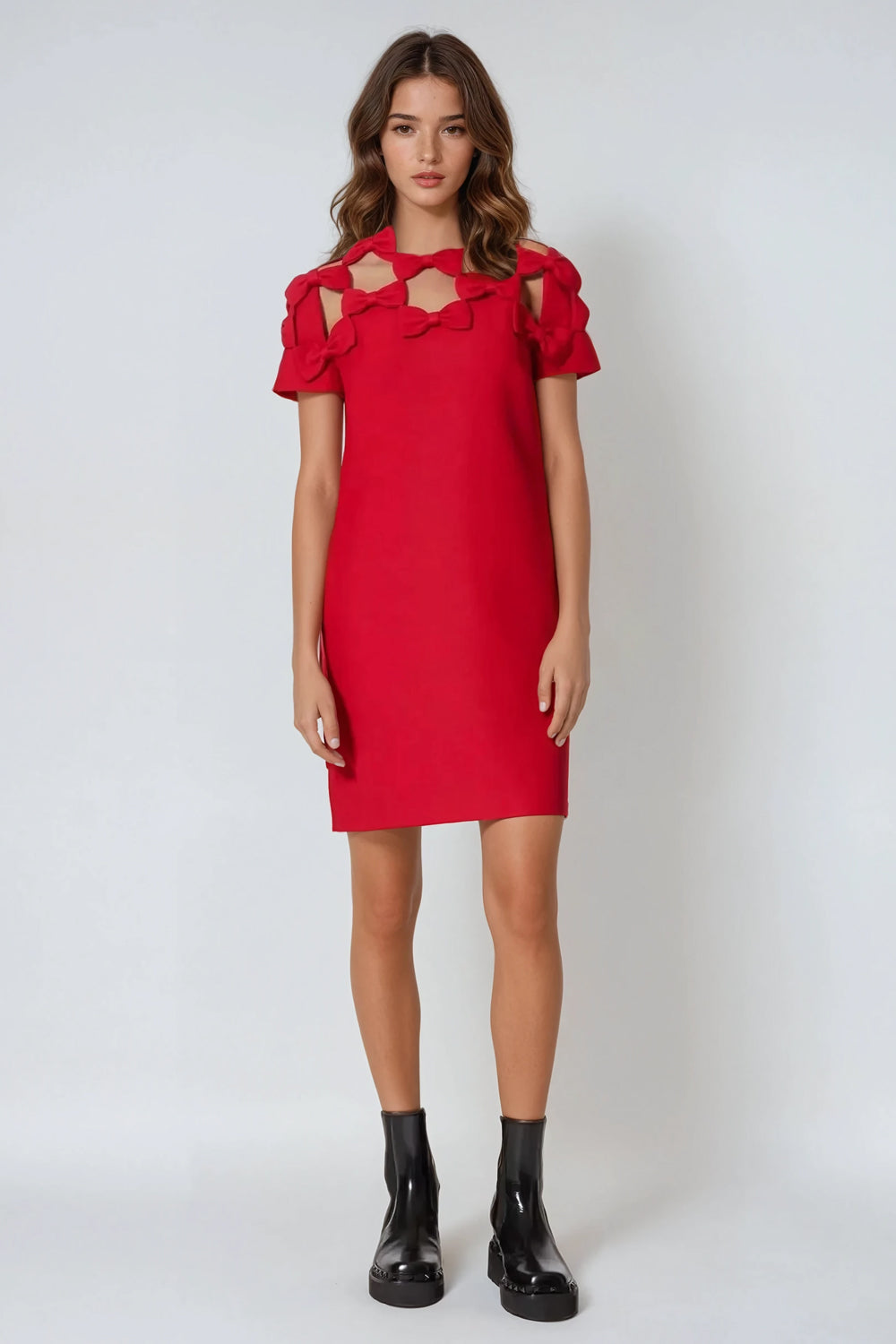 Mini Dress with Bow-Accented Cutout Design - Red