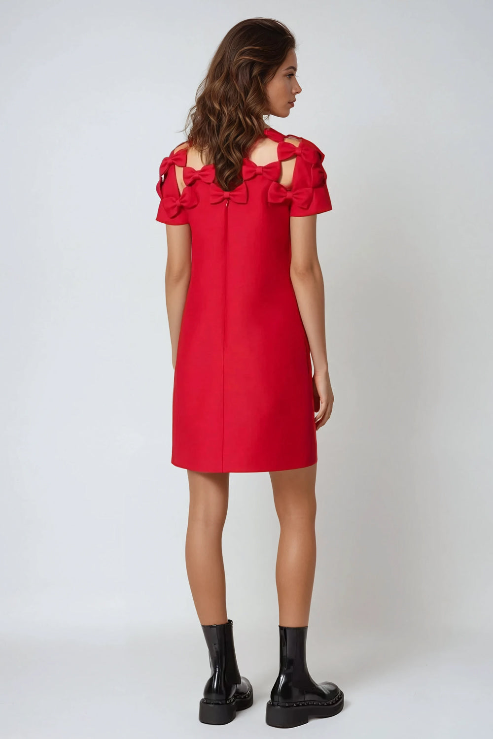 Mini Dress with Bow-Accented Cutout Design - Red