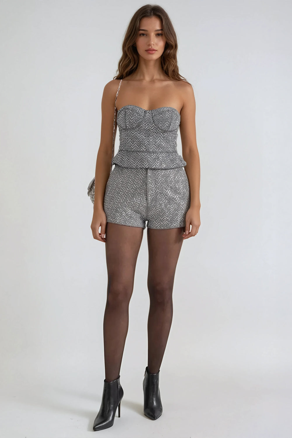 Four-Piece Set with Trench Coat Tube Top Shorts and Skirt - Gray